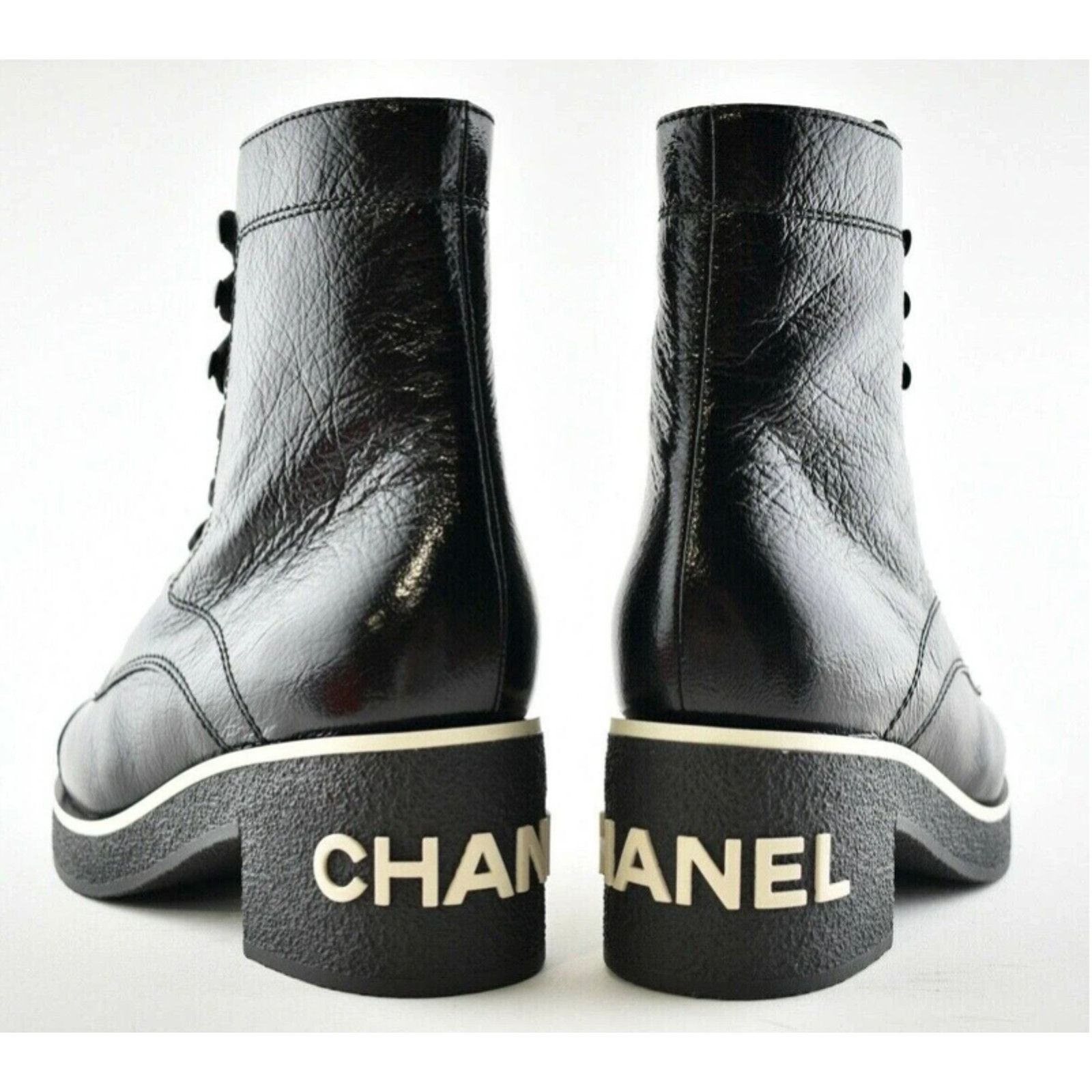Chanel Chanel 21C Black Patent White Logo Combat Lace Up Tie Size US 10 / IT 40 - 9 Thumbnail