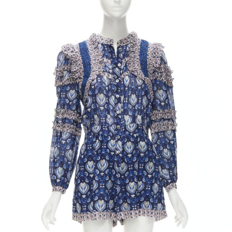 Sea New York SEA NEW YORK blue floral print ruffle trim long sleeve romper playsuit US0 XS Size 26" / US 2 / IT 38 - 1 Thumbnail