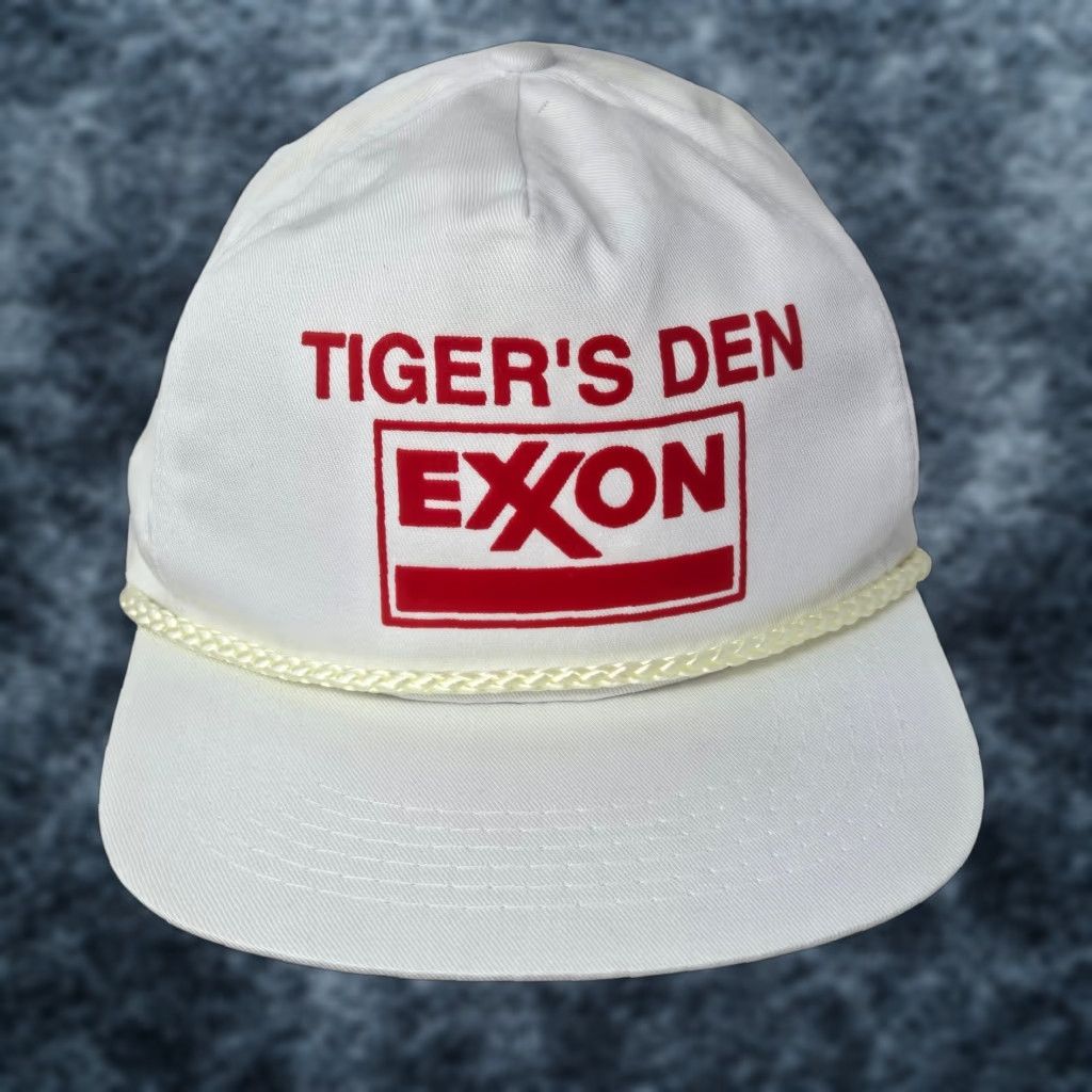 Roper VINTAGE Exxon Snapback Hat Tiger's Den Trucker Rare Rope White Red Cotton Cap Adjustable 1990s Men/Women? Size ONE SIZE - 1 Thumbnail