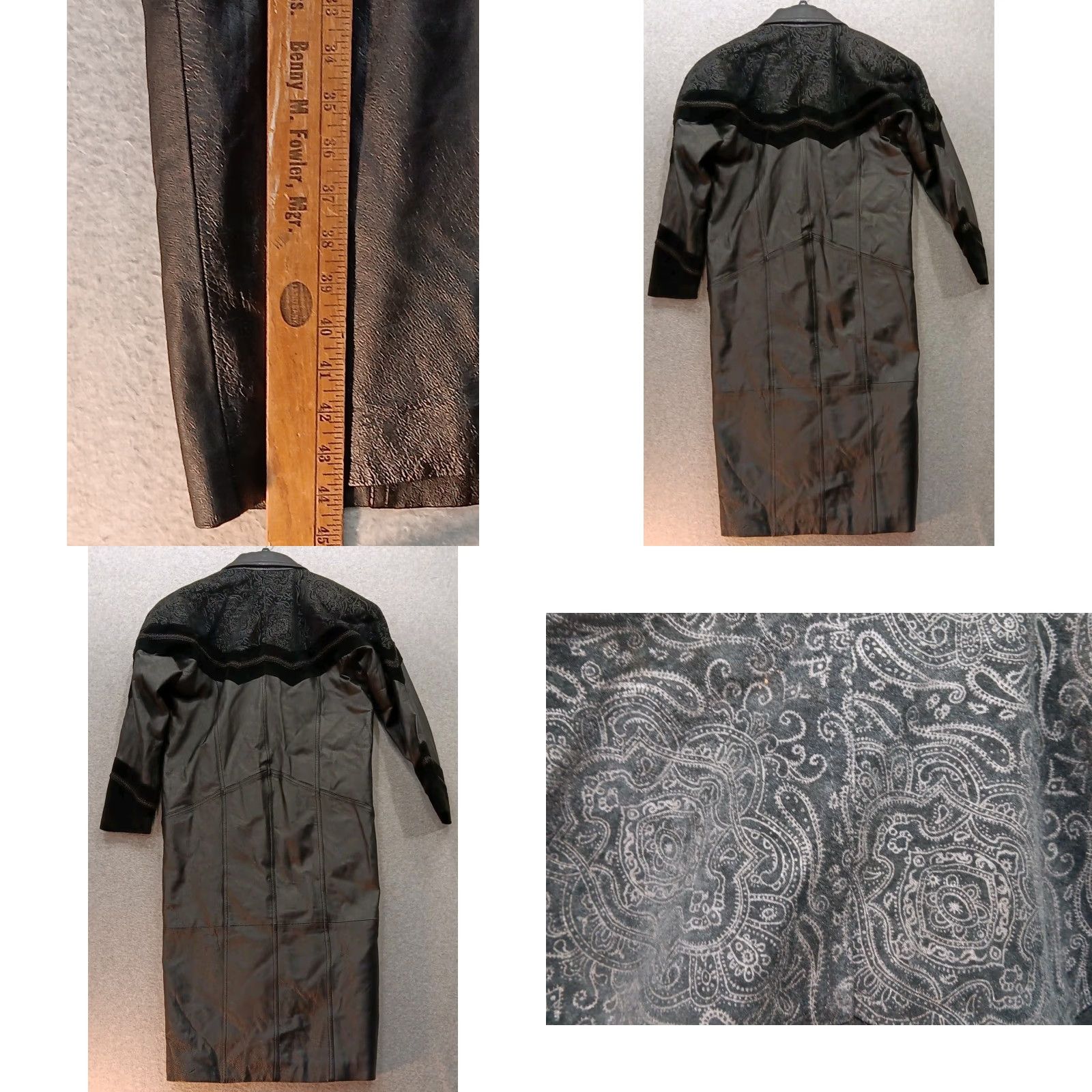 Bell VINTAGE Greg Bell Women's Leather Trench Coat M Black Paisley Leather 80s-90s Coat Womens 44" Chest 46" Hem Black Size M / US 6-8 / IT 42-44 - 9 Thumbnail