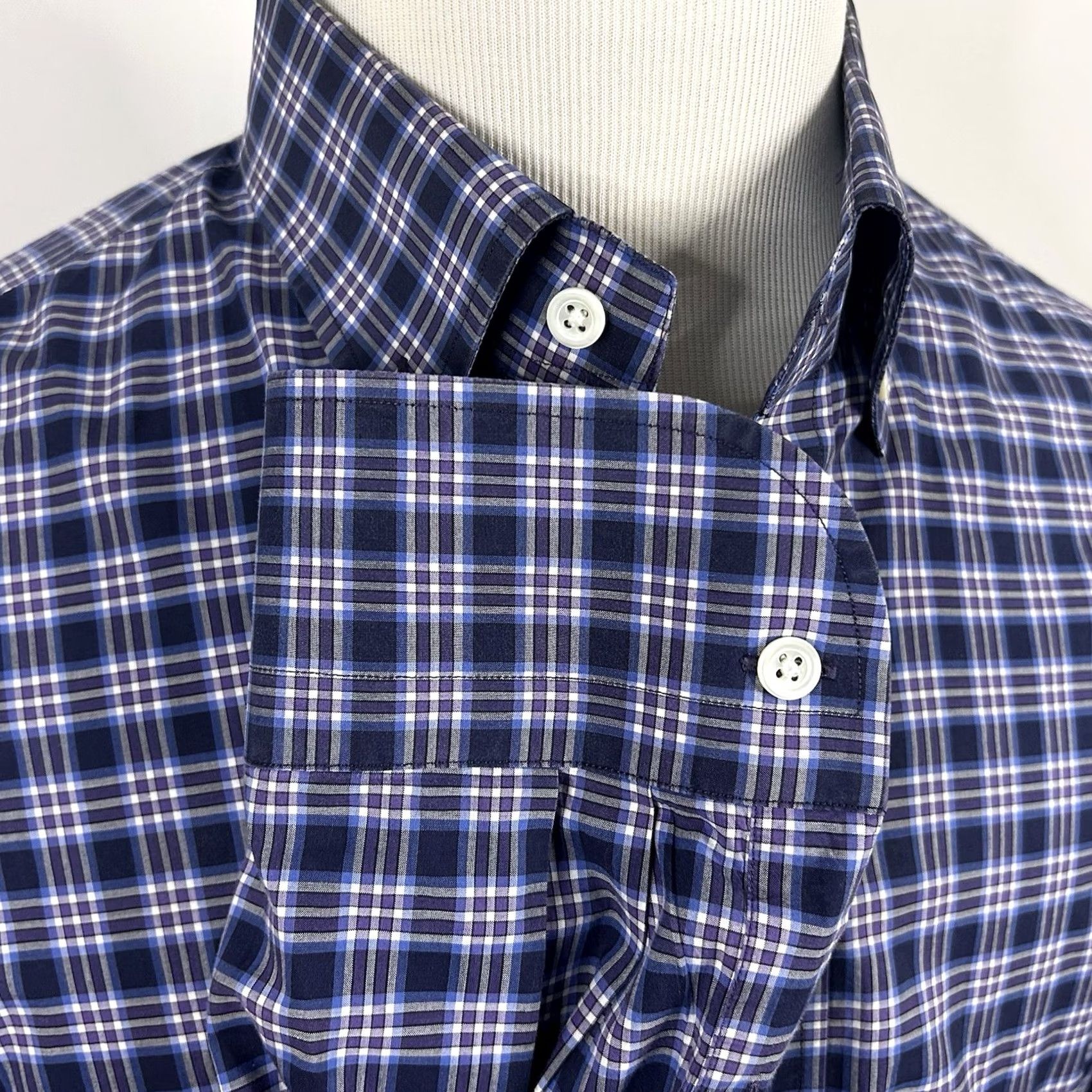 Vintage Ledbury Dress Shirt Blue Purple Plaid 18 37 100% Cotton Button-Down Formal Shirt Mens Regular Collar Down Size 48R - 4 Thumbnail