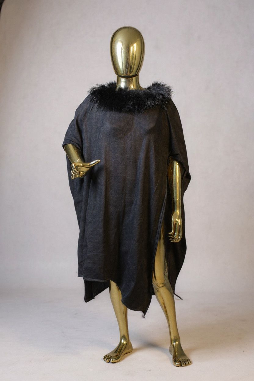 Other Black linen Poncho with real Mongolian Fur Neckline Size US XS / EU 42 / 0 - 1 Thumbnail