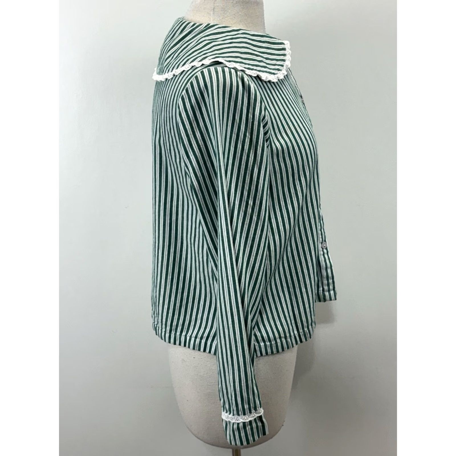 Vintage Rachel Ashwell Pajama Set Women’s S Green Stripe Eyelet Trim Cottage Core 2 Pc Threaded Cotton Shirt Button Collared Long Sleeve Adults Womens Size ONE SIZE - 5 Thumbnail