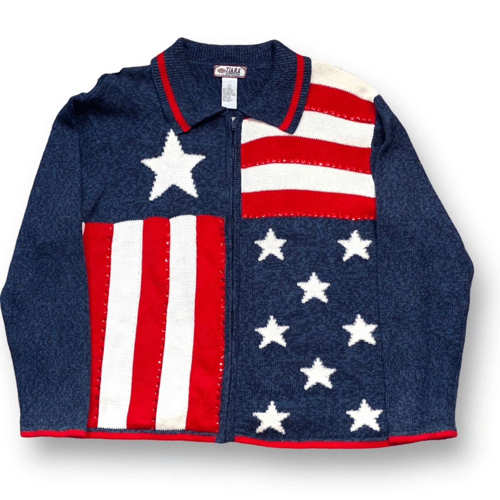 Vintage Vintage Y2K Patriotic Zip Cardigan Sweater Large Blue Red Size L / US 10 / IT 46 - 2 Thumbnail