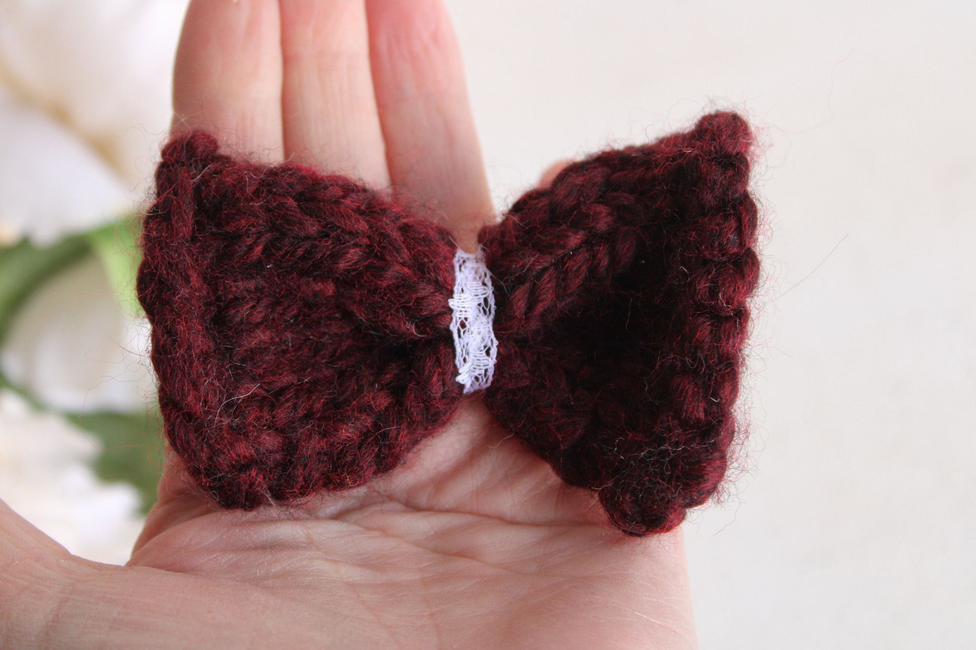Handmade Hand Knit Hair Bow on Clip, Dark Red with Vintage White Lace Size ONE SIZE - 8 Thumbnail