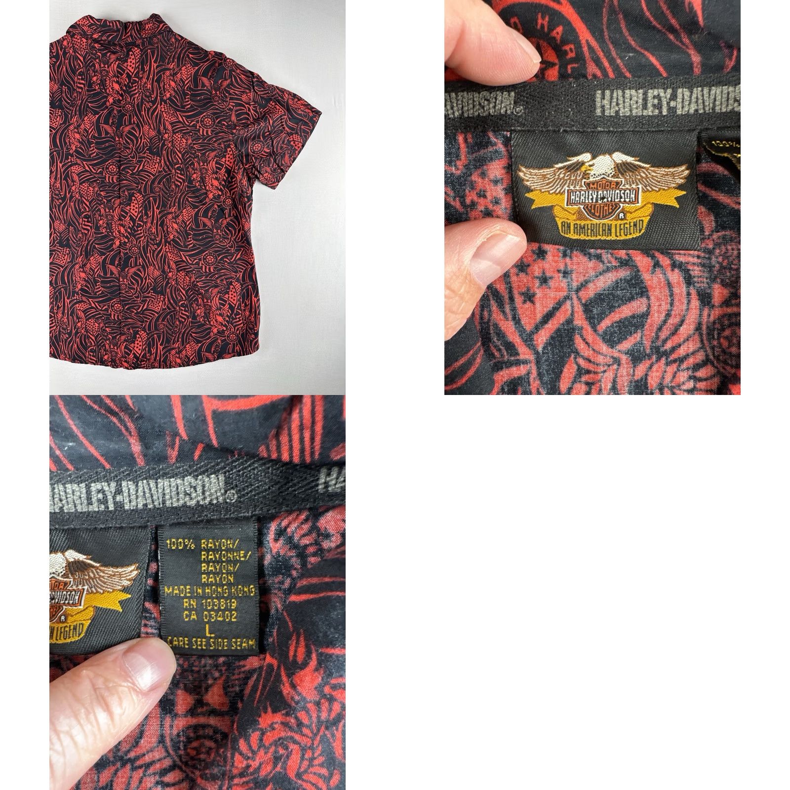 Harley Davidson VINTAGE Harley-Davidson Button-Up Shirt Eagle AOP Black Red Size L Men Short Sleeve Rayon Hawaiian Jacket? Size US L / EU 52-54 / 3 - 8 Thumbnail