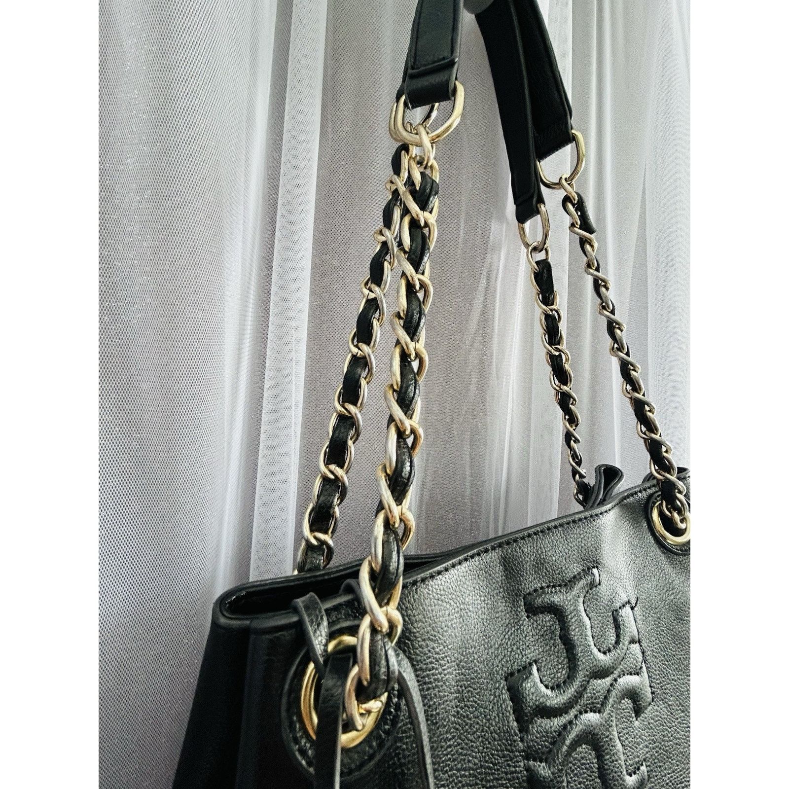 Tory Burch Thea Black Leather Slouchy Bridle Gold Chain Tote