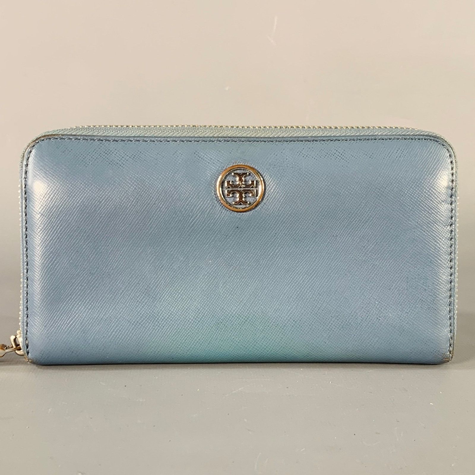 Blue Saffiano Leather Logo Zip Around Checkbook Wallet