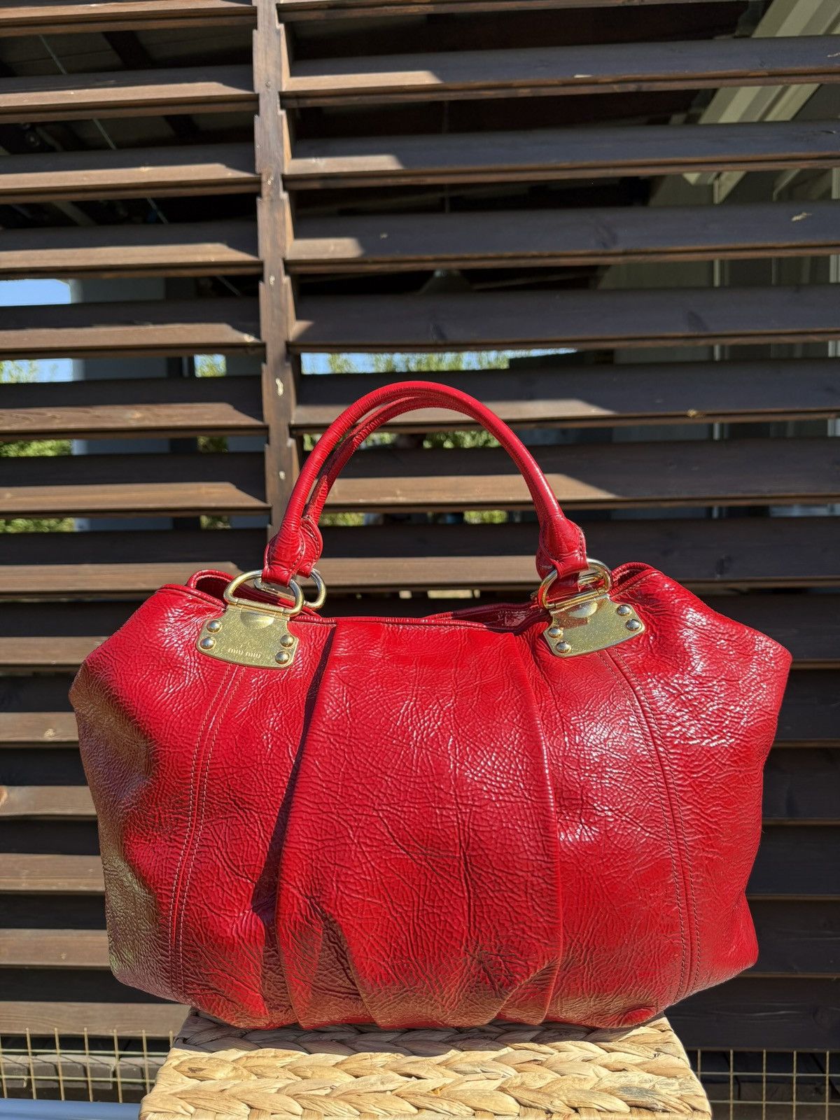 Miu Miu Miu Miu Crinkle Patent Leather Tote Rosso Red Hand Bag Size ONE SIZE - 1 Thumbnail
