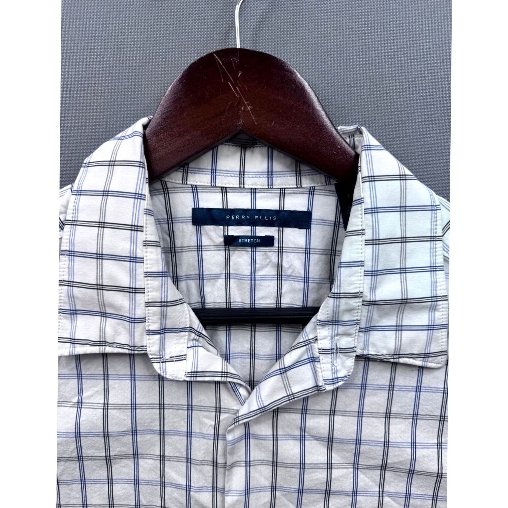 Perry Ellis Perry Ellis Men's L/G Button-Down Shirt Plaid Stretch Wrinkle Resistant Casual Workwear White Cotton Polyester Blend Long Sleeve Button-Up Size US L / EU 52-54 / 3 - 3 Thumbnail