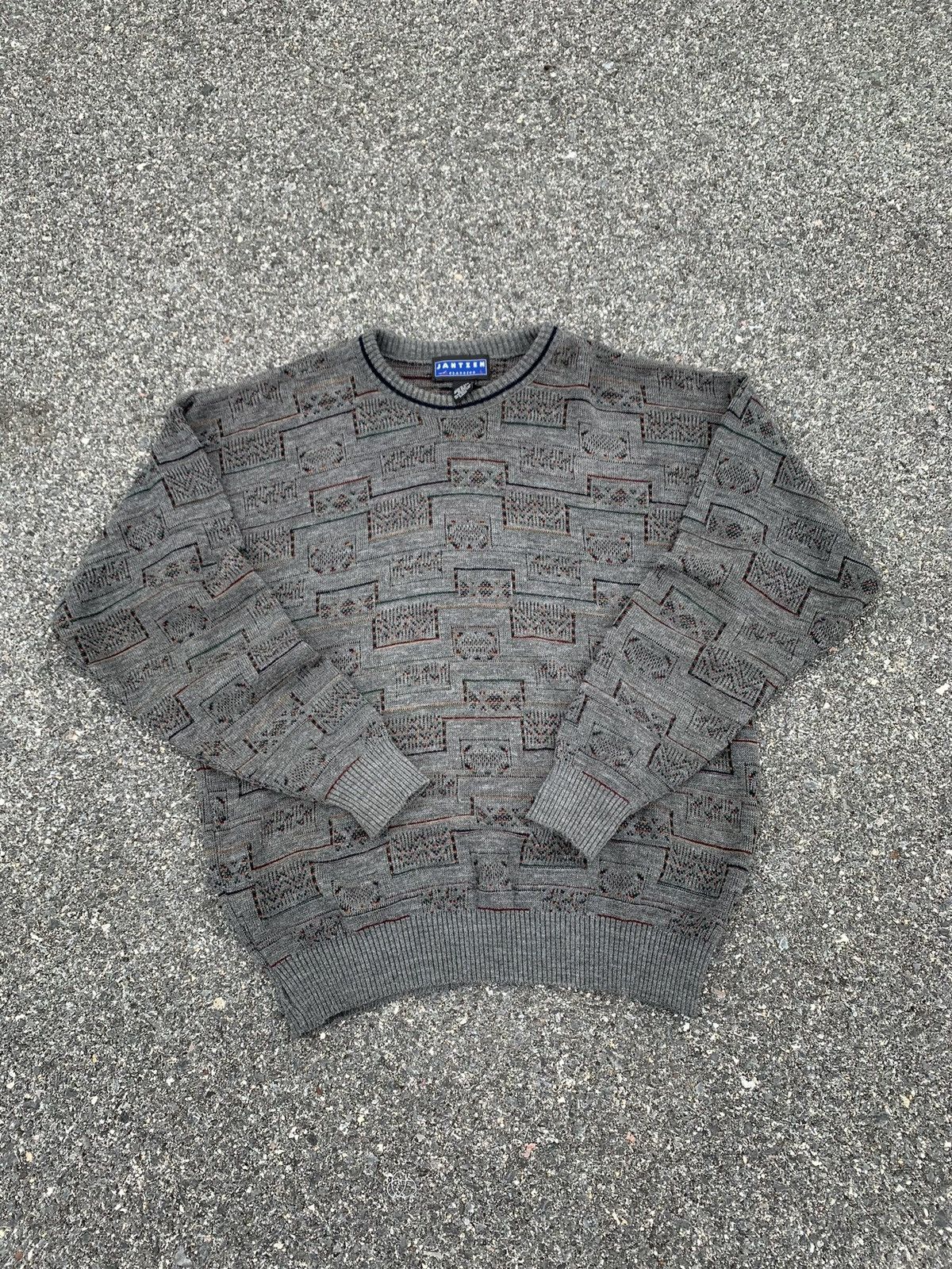 Vintage abstract knitted jumper Patterned Grandad - Depop