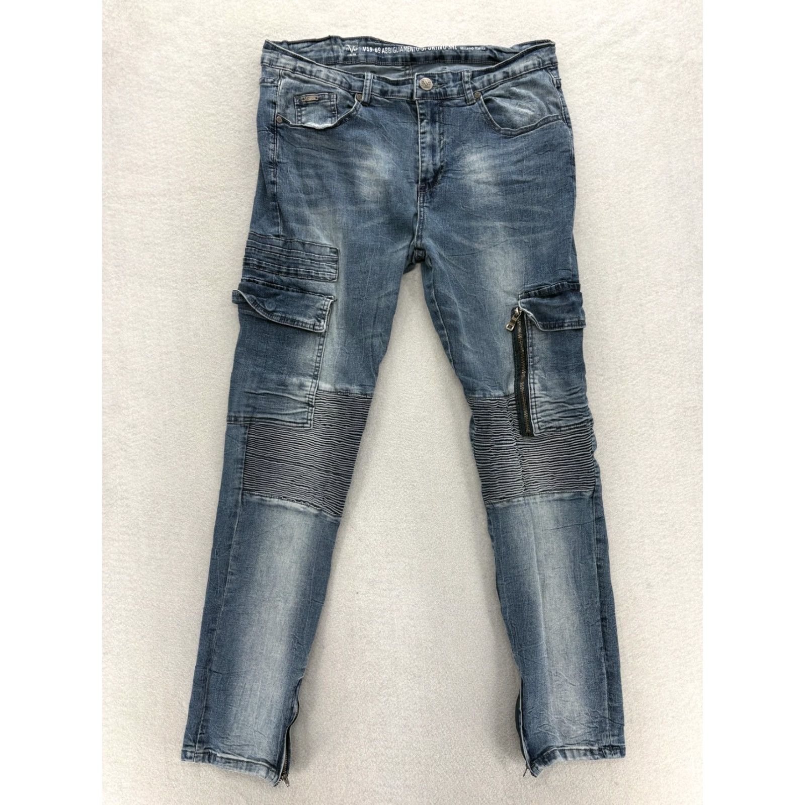 Vintage V19.69 Italia Jeans Mens 38x32 Blue Medium Wash Slim Skinny Moto Biker Cargo Zip Shirt Size US 38 / EU 54 - 2 Thumbnail