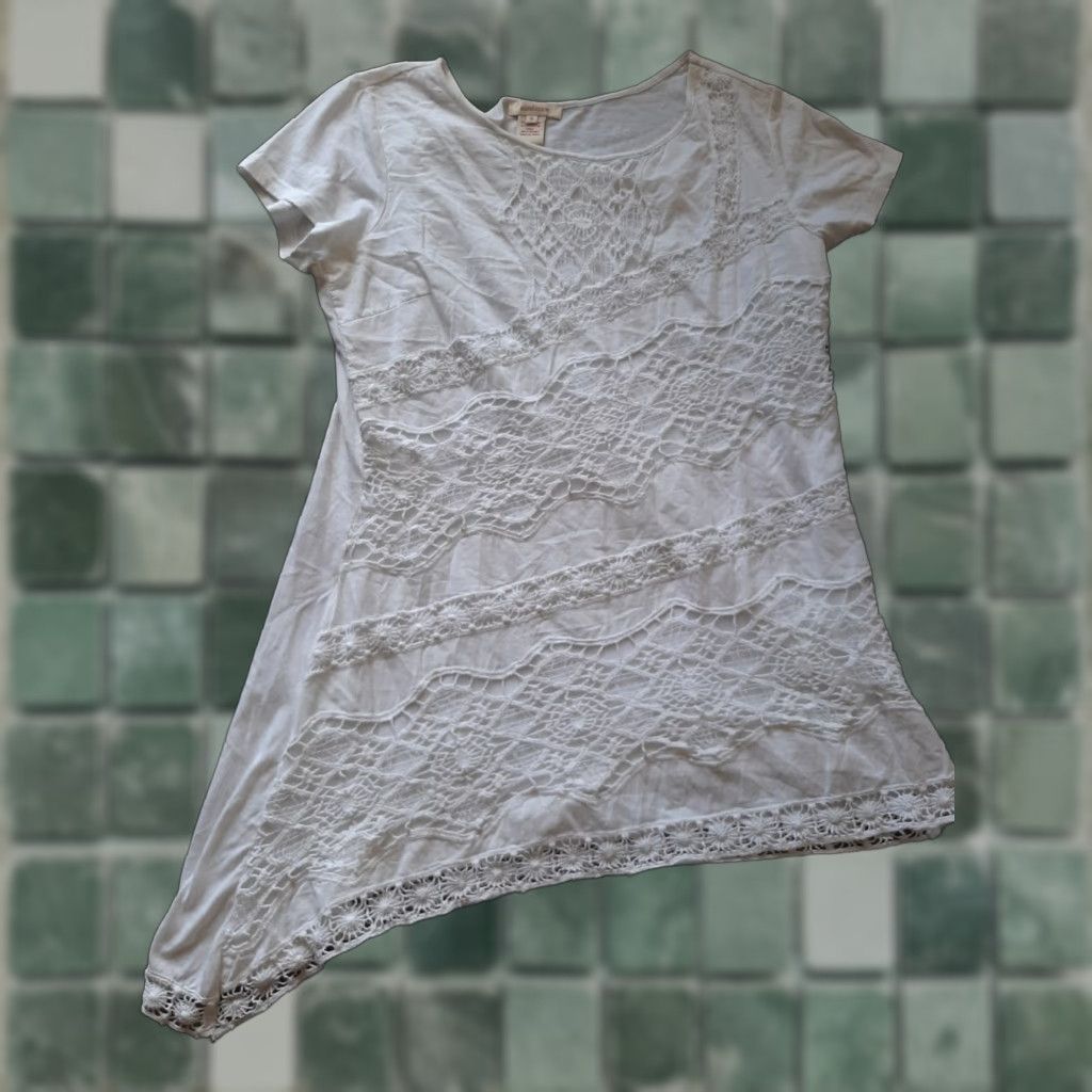 Vintage Sundance Shirt Womens Small White Short Sleeve Cotton Blouse Asymmetrical Crew Neck Top Size S / US 4 / IT 40 - 1 Thumbnail