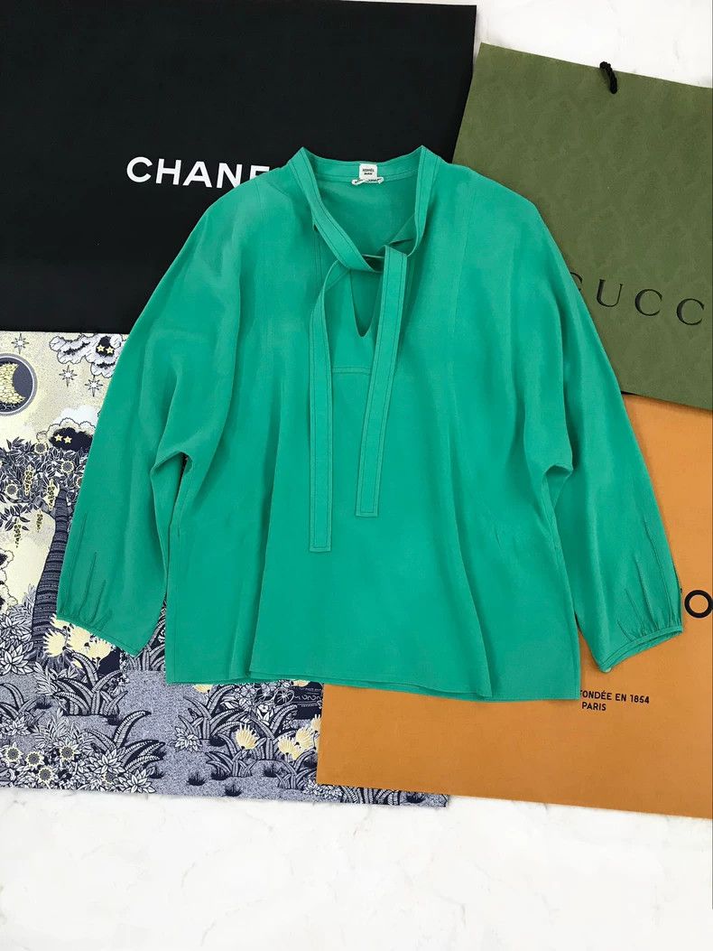 Hermes Hermes Green Silk Tie-Neck Blouse - dmc Size US XS / EU 42 / 0 - 1 Thumbnail