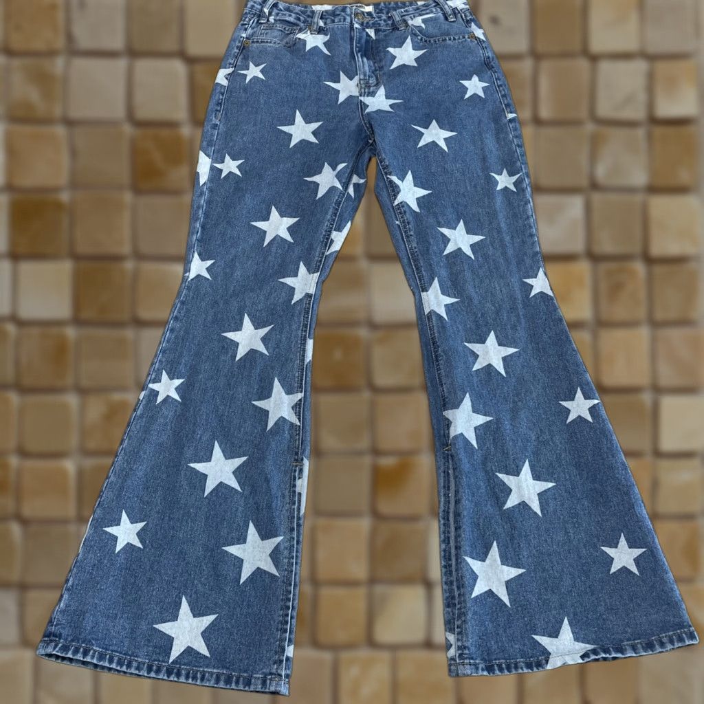 Vintage VINTAGE Rock & Roll Denim Womens Flared Jeans High Rise 29x34 Blue Star Print Size 29" - 1 Thumbnail