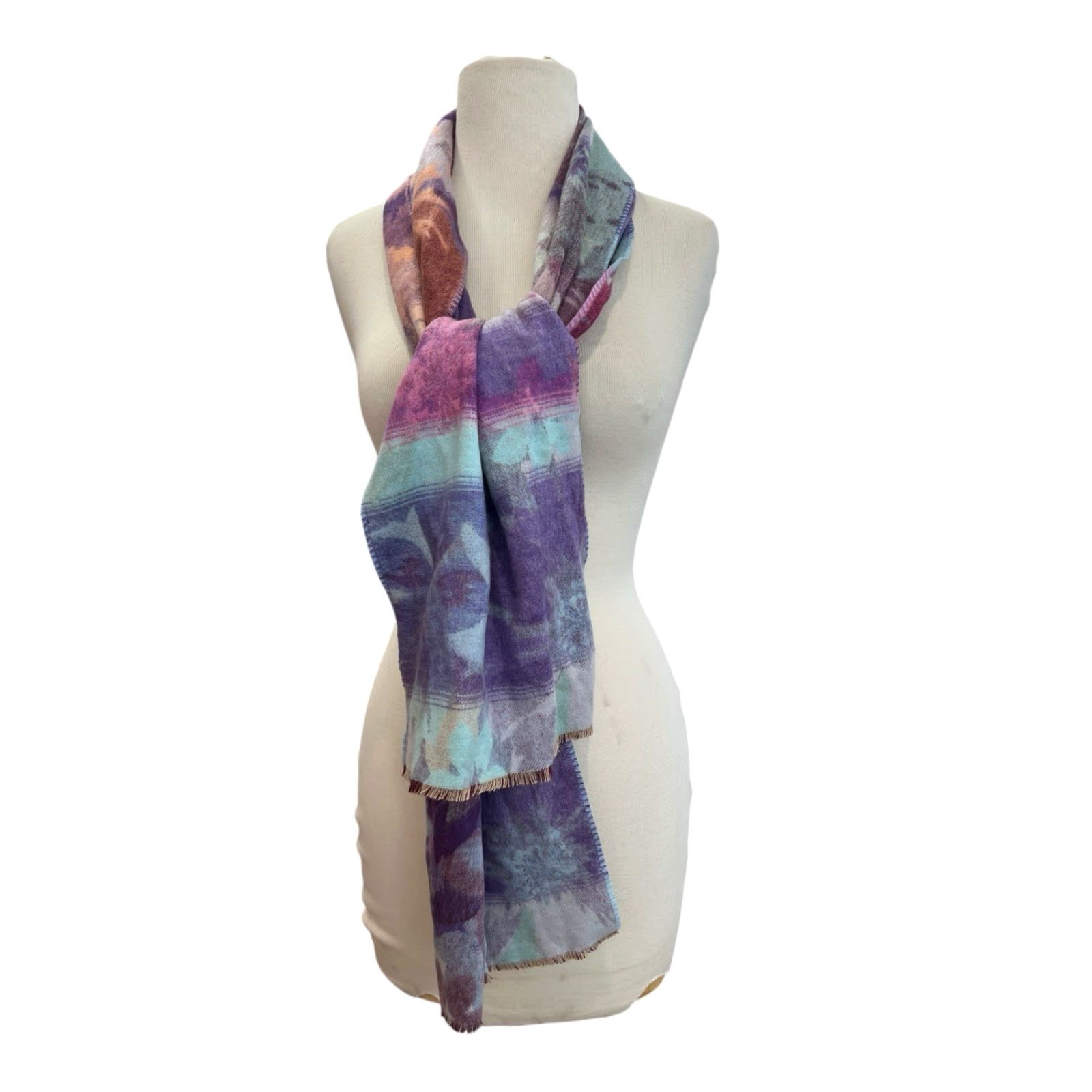 Vintage VINTAGE German 100% Cashmere Hand Tailored Floral Pink Blue Purple Scarf 11x68 Size ONE SIZE - 2 Thumbnail