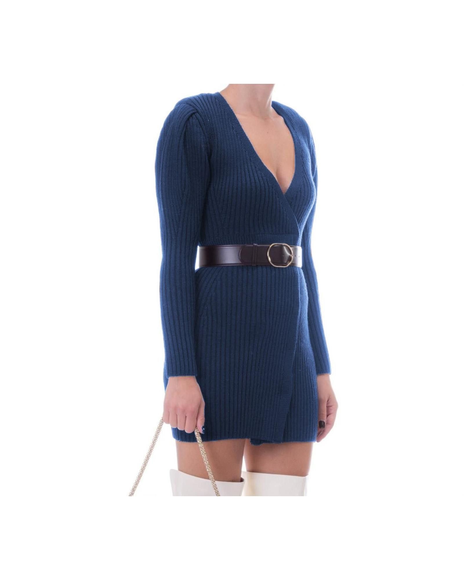 image of Elisabetta Franchi Long-Sleeved Knit Dress With Belt in Blue, Women's (Size Medium)