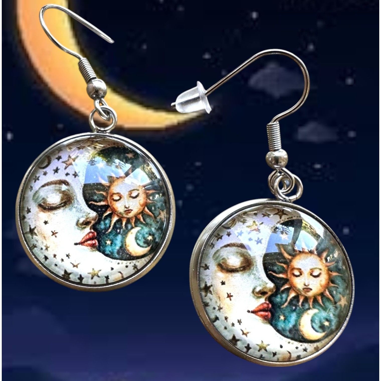 Handmade Moon Star Sun Earrings Navy Blue Eclectic Planet Astrology Z Size ONE SIZE - 1 Thumbnail