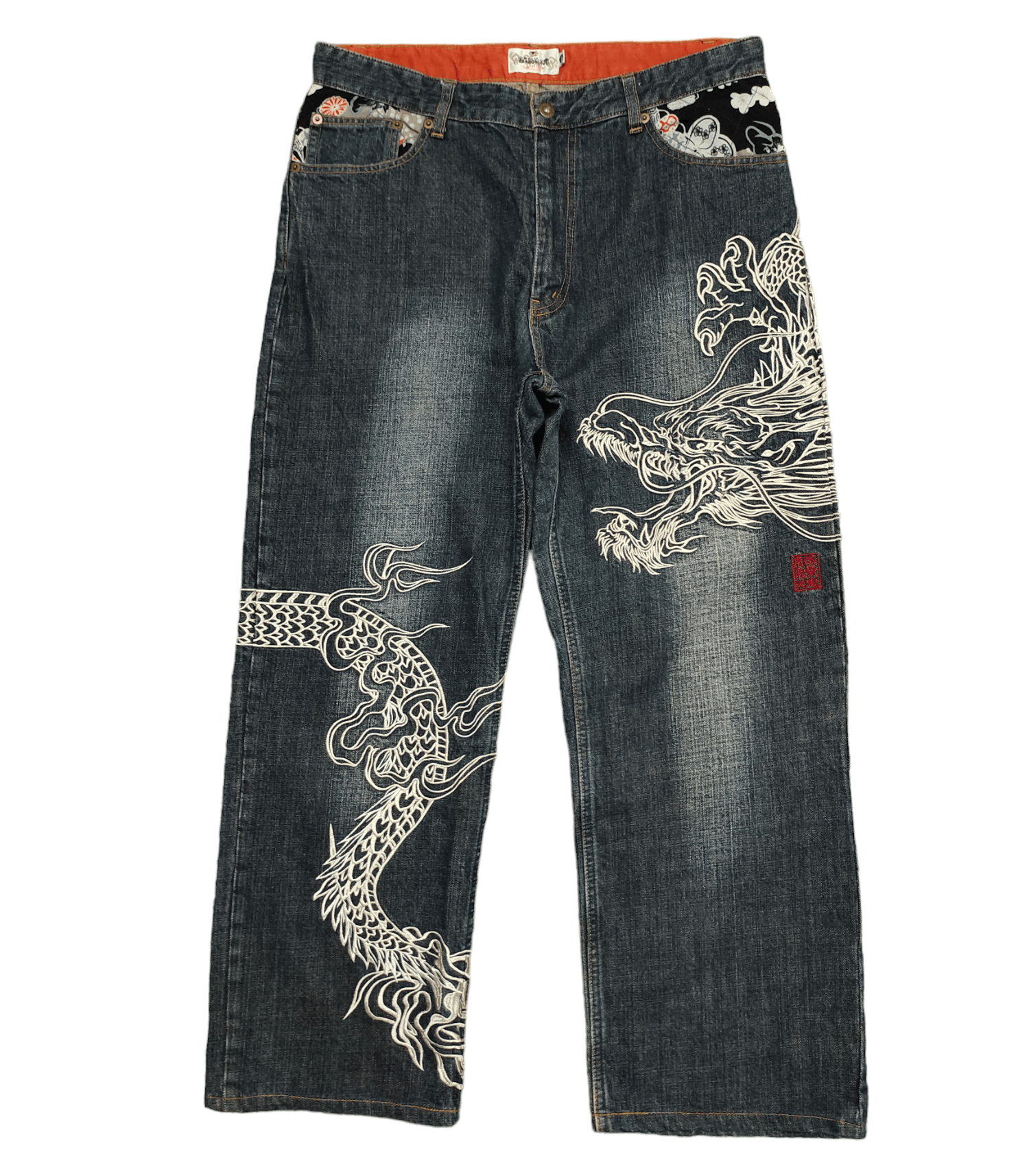 Image of Vintage VTG Karakuri Tamashi Sukajan Big Dragon Embroide Baggy Jeans, Men's (Size 36)