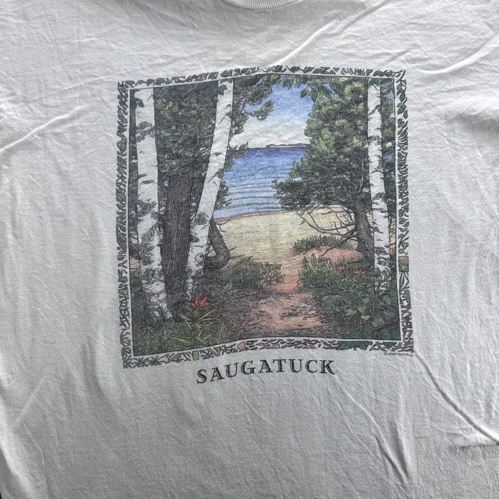 Vintage VINTAGE Oneita Saugatuck Shirt Mens Large White Graphic Print T-Shirt 90s Made USA Size US L / EU 52-54 / 3 - 4 Thumbnail