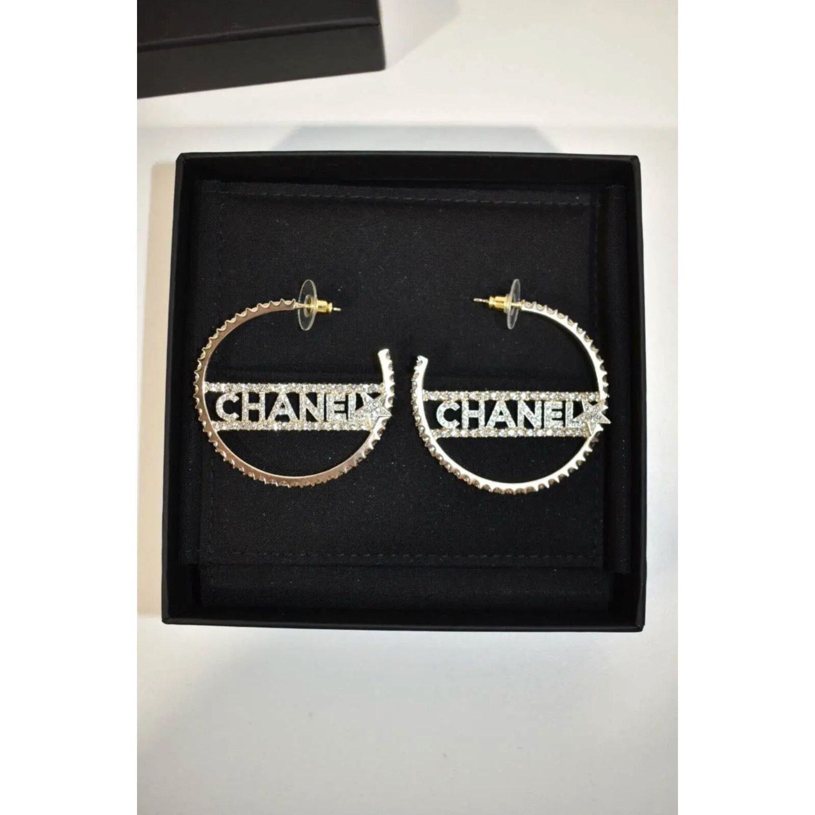 Chanel Chanel Gold Metal Crystal Drop Statement Hoop Earrings Size ONE SIZE - 9 Thumbnail