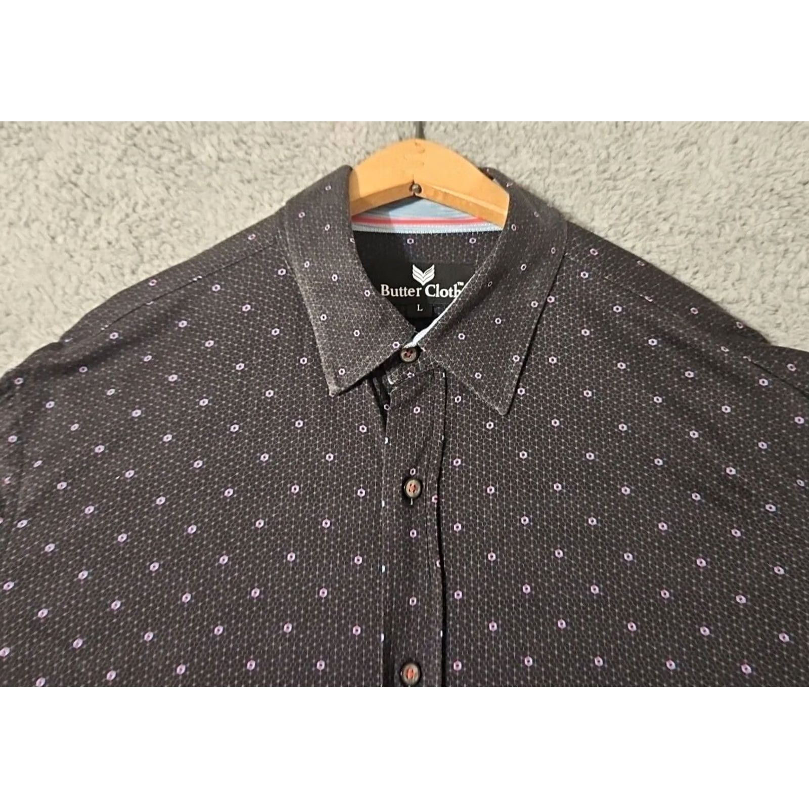 Vintage Buttercloth Short Sleeve Shirt Mens Size Large Black Polka Dot Cotton Stretch - China Size US L / EU 52-54 / 3 - 2 Thumbnail