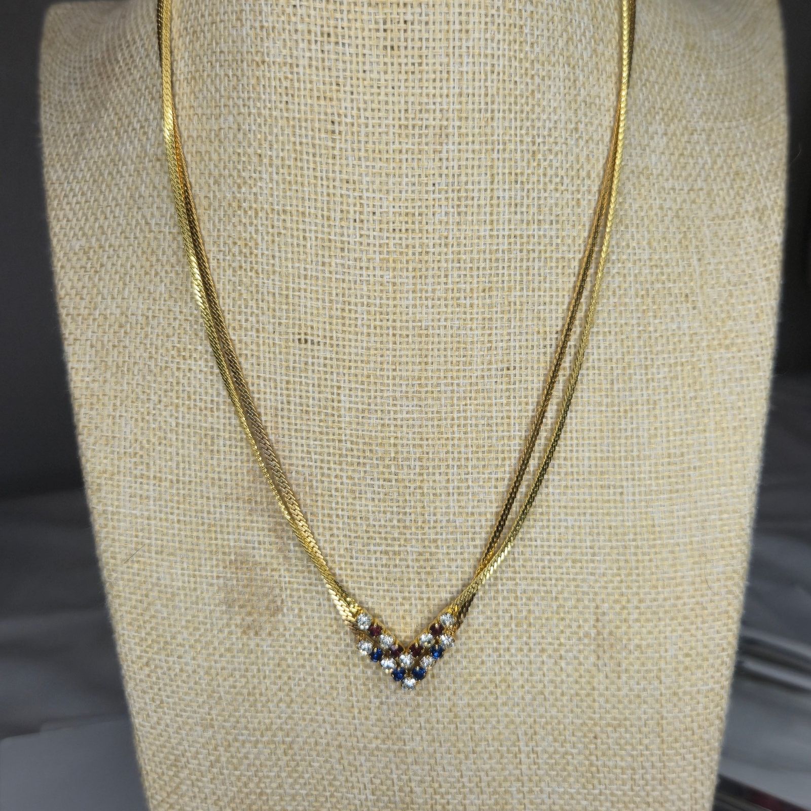 Vintage Vintage Gold Tone Flat Chain Necklaces Faux Sapphire & Ruby Size ONE SIZE - 2 Thumbnail