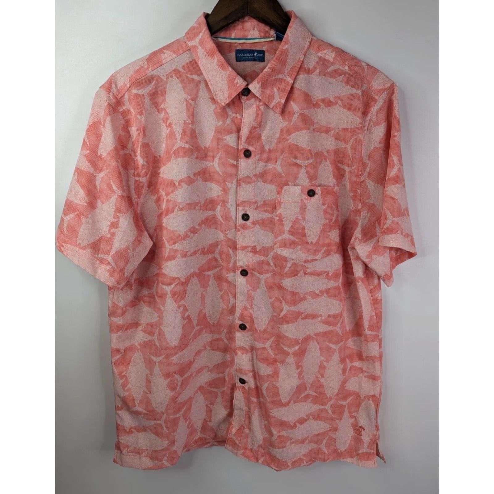 Pinko Caribbean Joe Button-Up Shirt Coral Pink Hawaiian Tropical Short Sleeve M Men's Beach Vacation Aloha Floral Pattern Easy Care Lightweight Wool? Size US M / EU 48-50 / 2 - 2 Thumbnail
