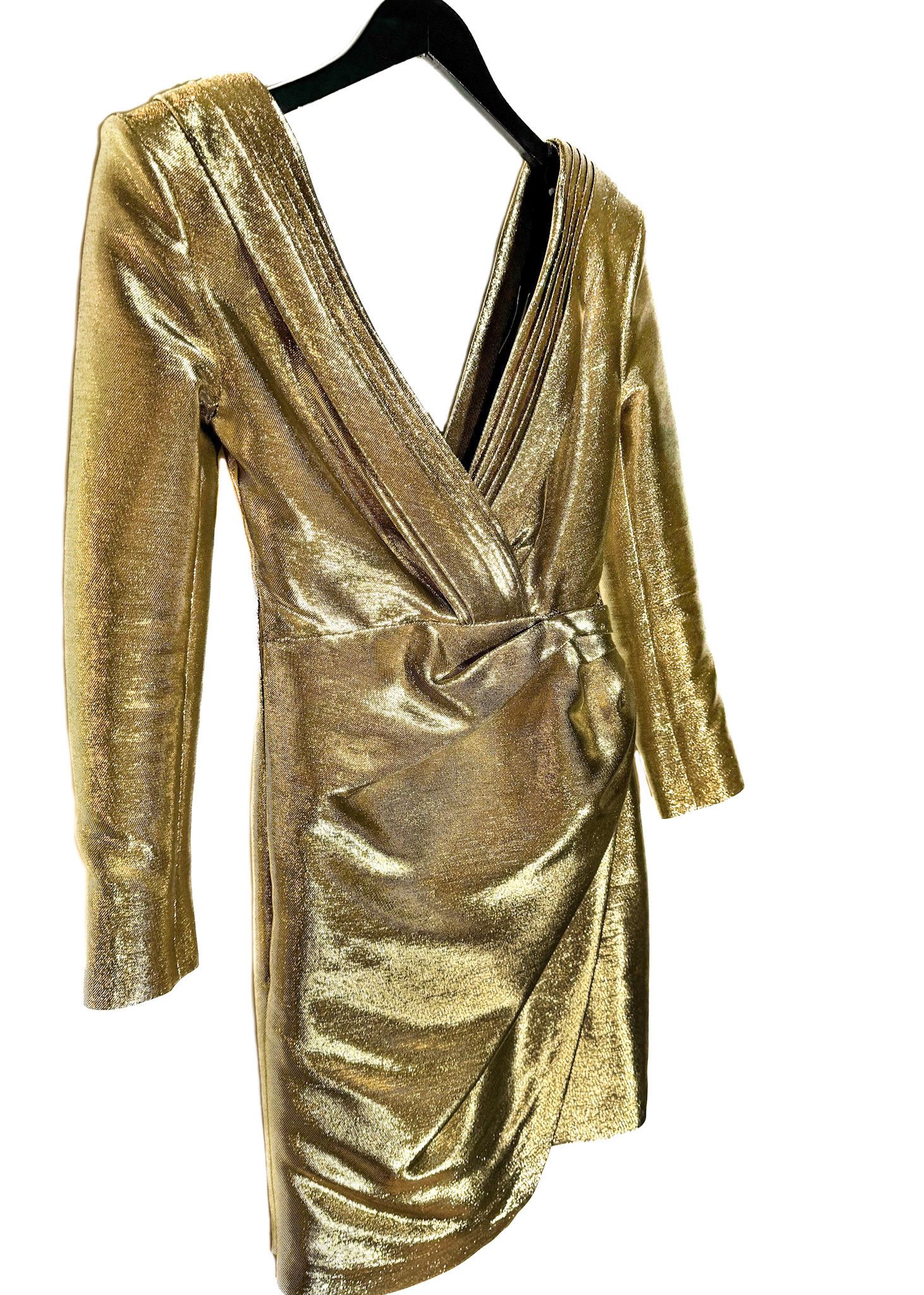 Saint Laurent Paris Saint Laurent 2014 Runway Gold Lamé Long Sleeves Mini Dress Size S / US 4 / IT 40 - 3 Thumbnail