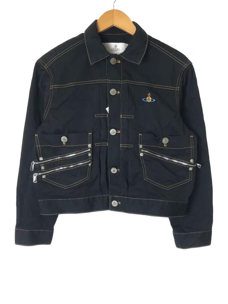 image of Vivienne Westwood Multi Zip Cropped Orb Denim Jacket in Black, Men's (Size Small)