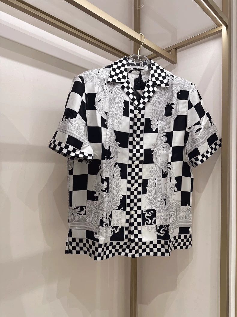 Versace Black and white checkerboard silk short-sleeved sh