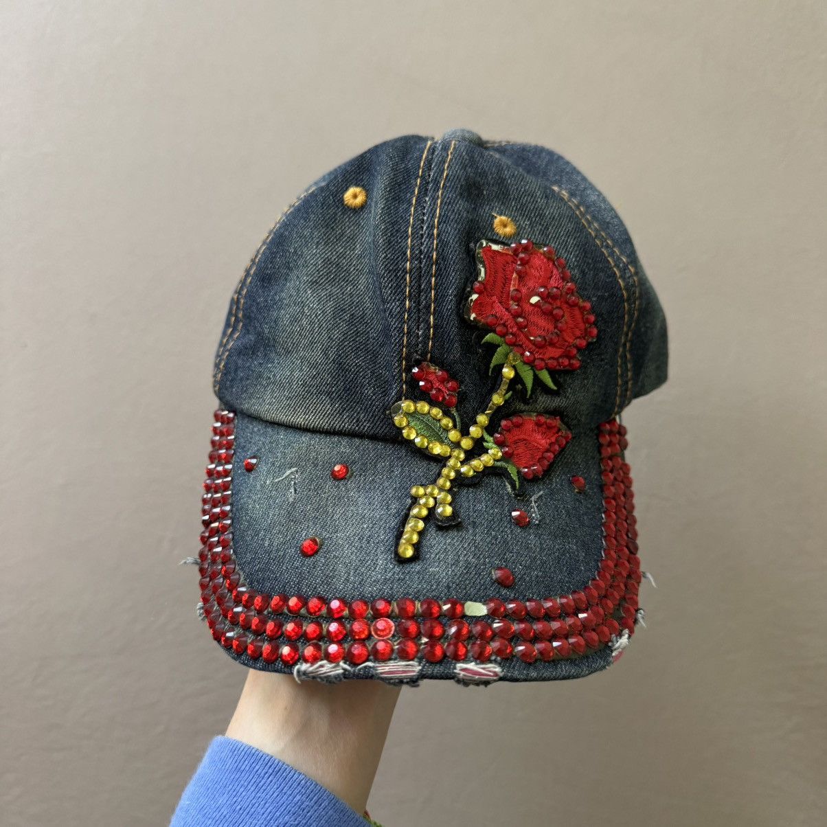 Other Grunge Y2K Bedazzled Distressed Denim Baseball Cap Size ONE SIZE - 1 Thumbnail
