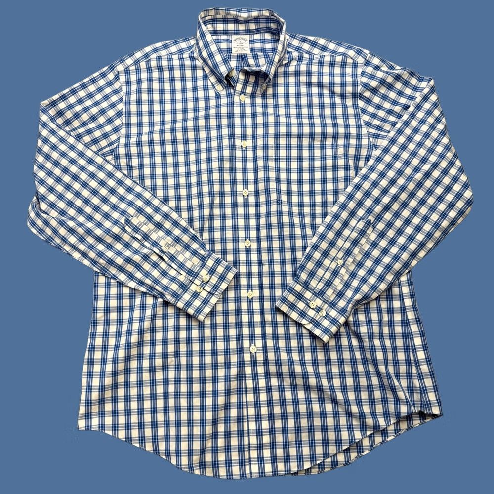 Brooks Brothers Brooks Brothers Shirt Mens Large Blue White Plaid Regent Fit Non Iron Cotton Button-Up Navy Blue Plaid Size US L / EU 52-54 / 3 - 1 Thumbnail