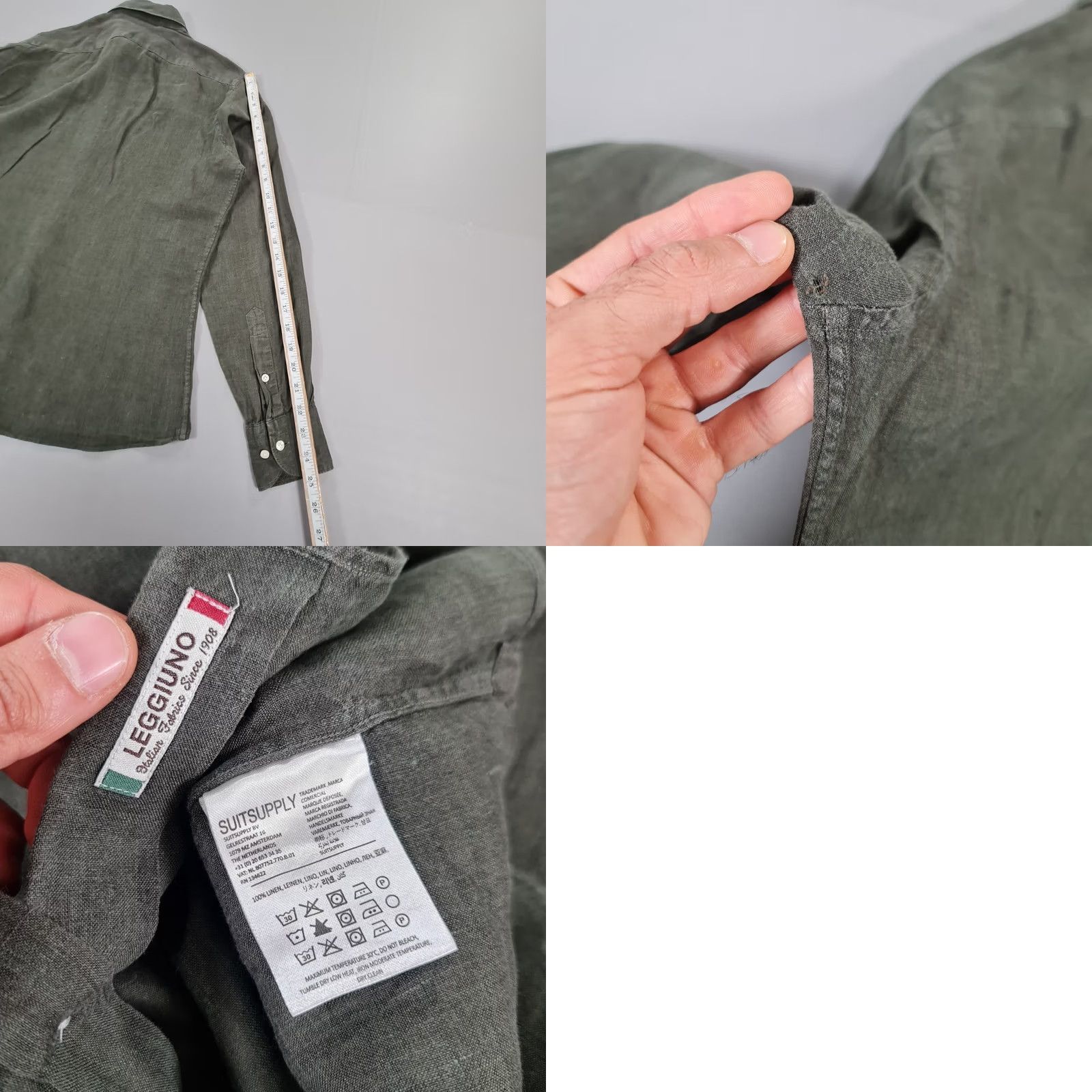 Suitsupply Suitsupply Shirt Button-Up 14.5 Slim 100% Linen Green Khaki Long Sleeve Mens Casual Modern City Holiday Seasonal Subtle Wear Size US M / EU 48-50 / 2 - 8 Thumbnail