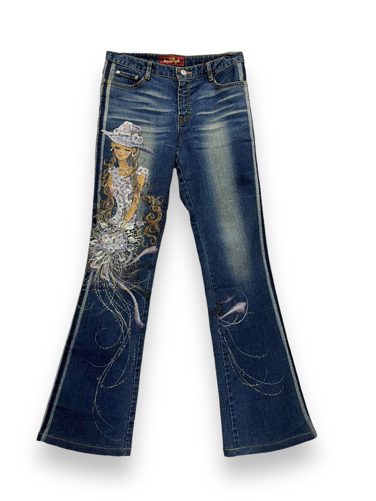 Art Comes First ART💥 CELTA Hand Painting Stretch Denim Flared Size US 29 - 3 Thumbnail