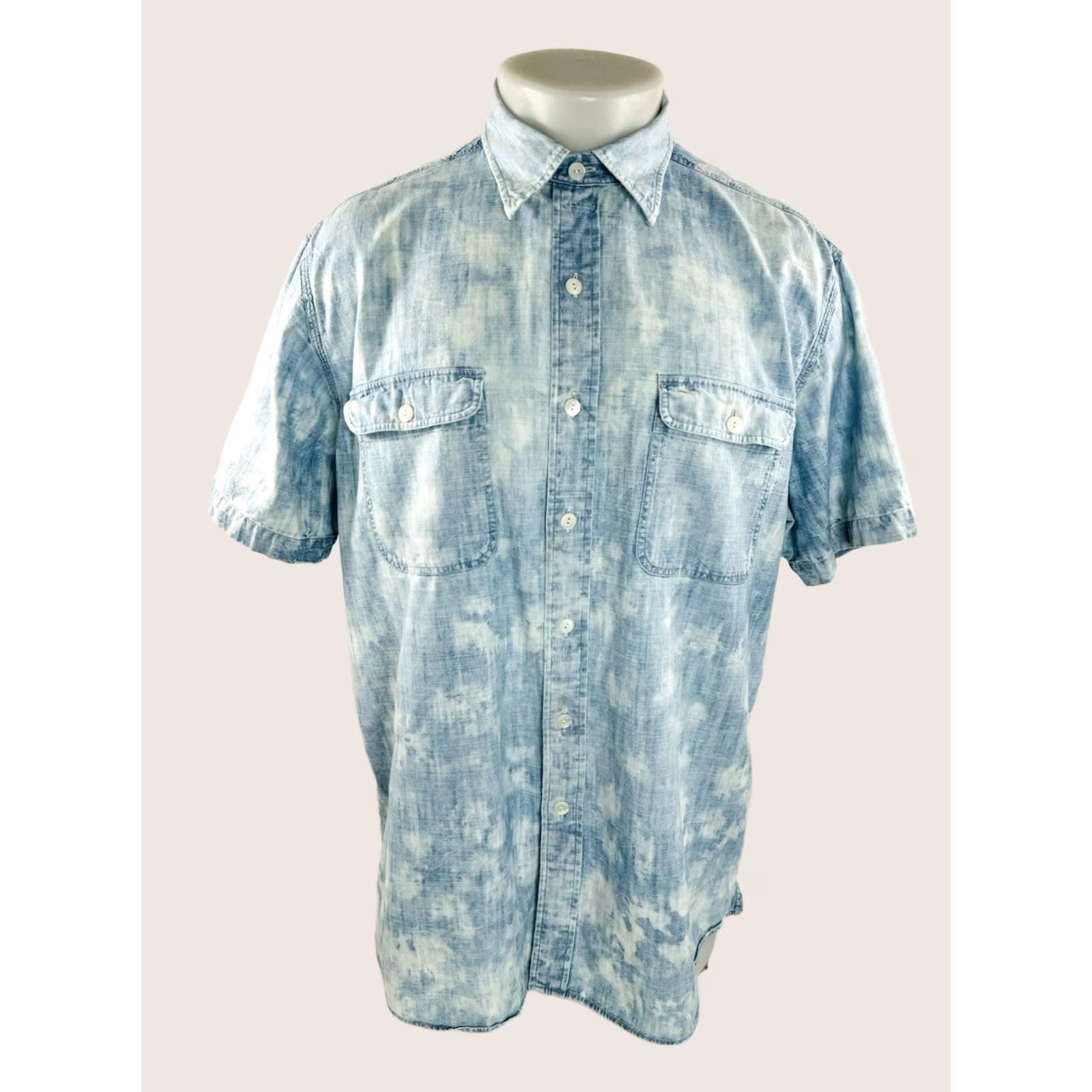 Ralph Lauren DOUBLE RL Ralph Lauren Tie Dye Mens L Chambray Shirt Shirt Mens L Blue White Chambray 90s Tie Dye Polo Style Button-Up Short Sleeve Mens Size US L / EU 52-54 / 3 - 1 Thumbnail
