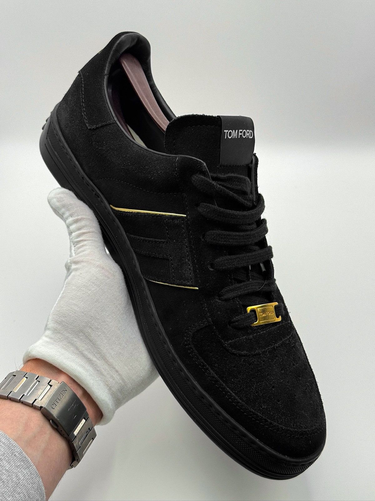 Tom Ford Tom Ford Radcliffe Black Suede Gold Hardware Luxury Sneakers Size US 10 / EU 43 - 6 Thumbnail