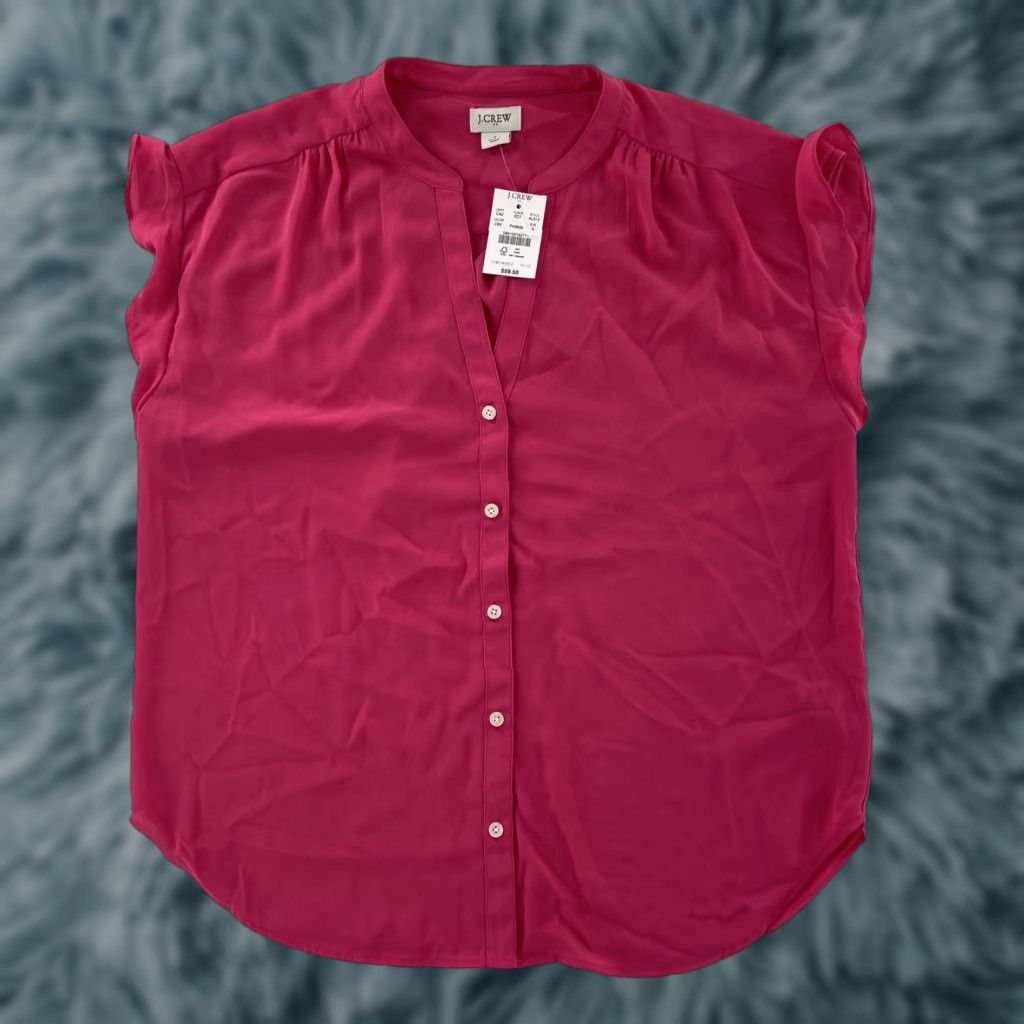 J.Crew J.CREW NEW Women's Pink Ruffle-Sleeve Camp Button Up Blouse Shirt Small V-Neck Sleeve Ruffle Pink Button Up Blouse Size S / US 4 / IT 40 - 1 Thumbnail