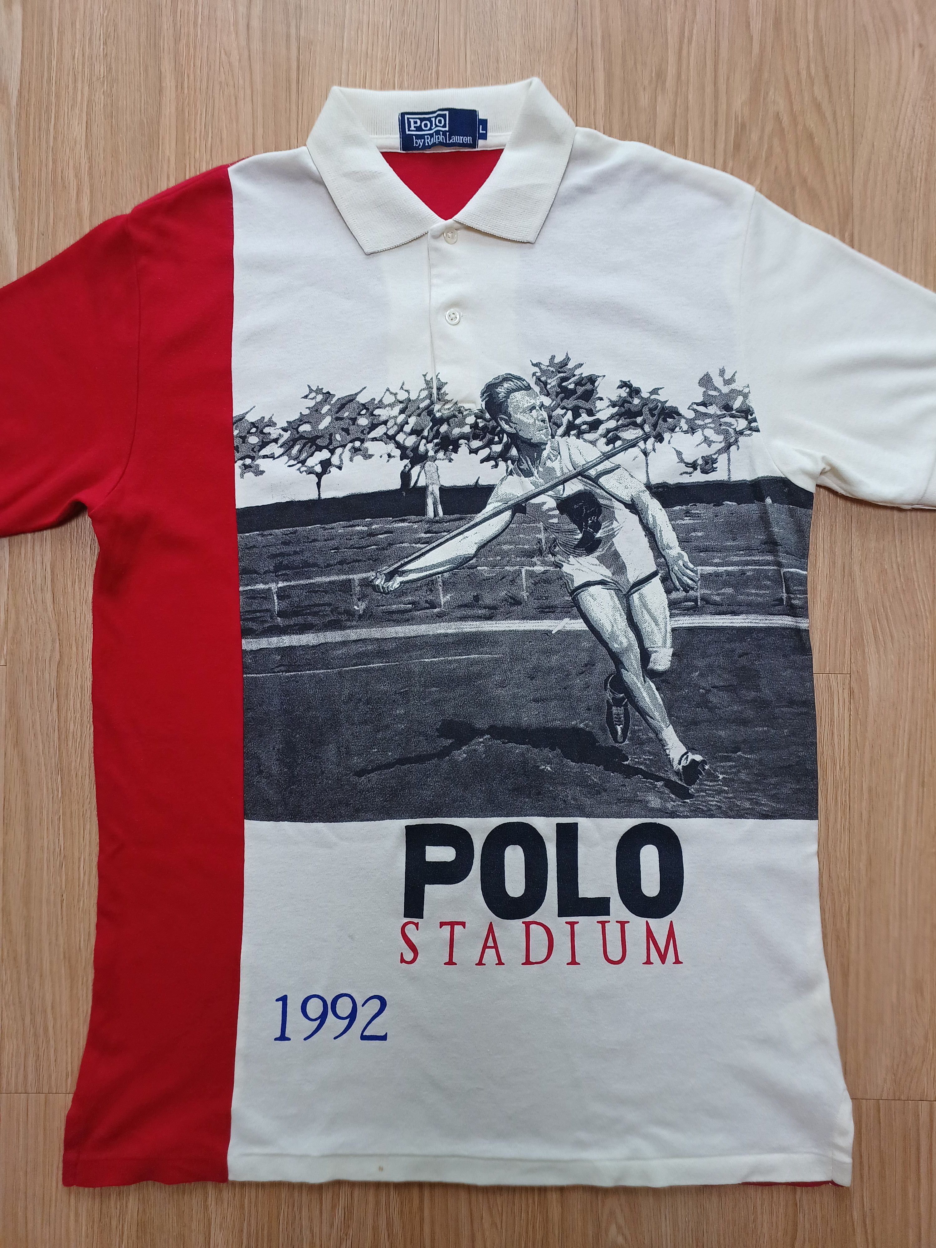 image of Polo Ralph Lauren 1992 Original Polo Stadium Javelin T Shirt Lolife in Ivory/Red, Men's (Size Large