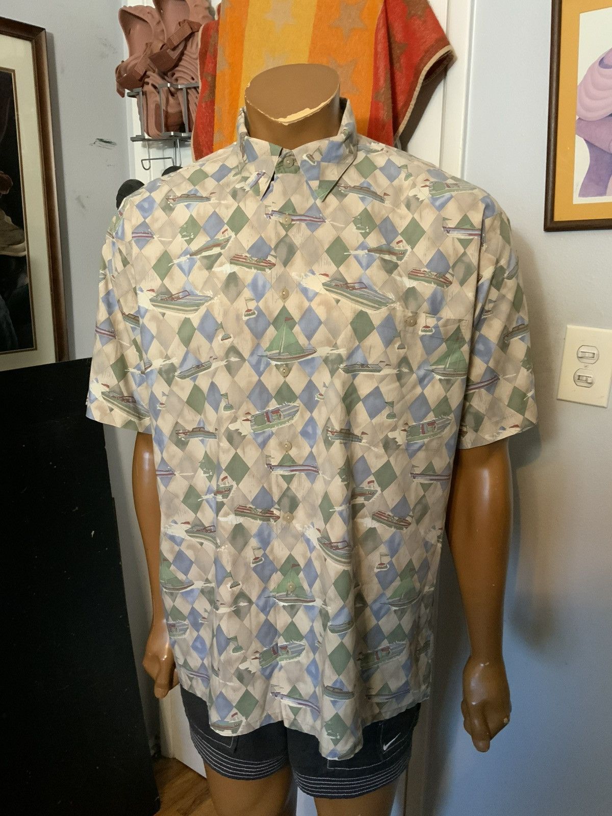 Burma Bibas Vintage Burma Bibas 60 AOP Boats Argyle Button Shirt Size US L / EU 52-54 / 3 - 7 Thumbnail
