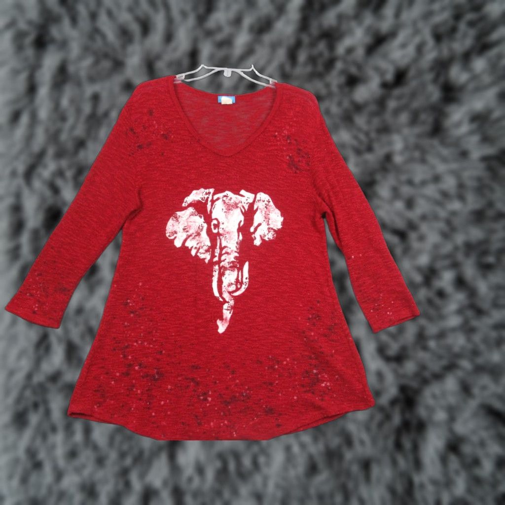 Vintage P. Michael Shirt Womens Large Red Tunic Elephant Print 3/4 Sleeve V Neck USA Size L / US 10 / IT 46 - 1 Thumbnail