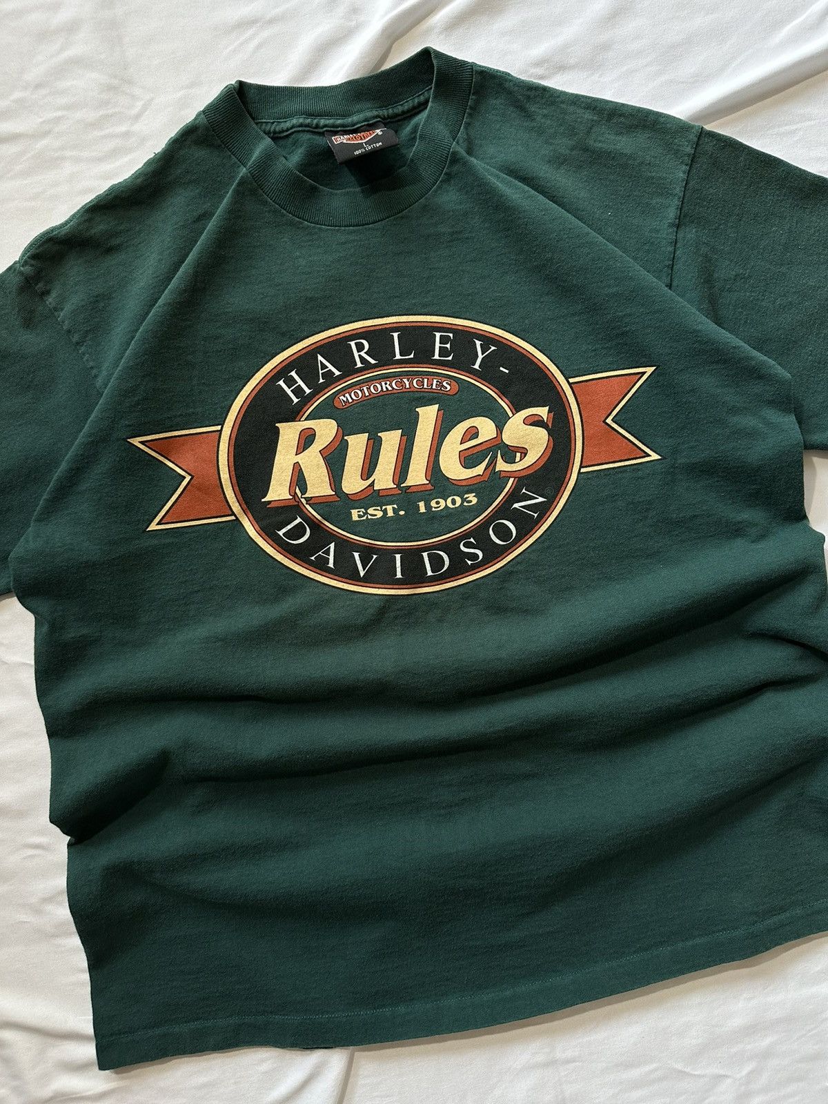 Harley Davidson × Vintage Vintage ‘91 Green Single Stitch Harley Davidson Rules Tee Size US L / EU 52-54 / 3 - 2 Thumbnail