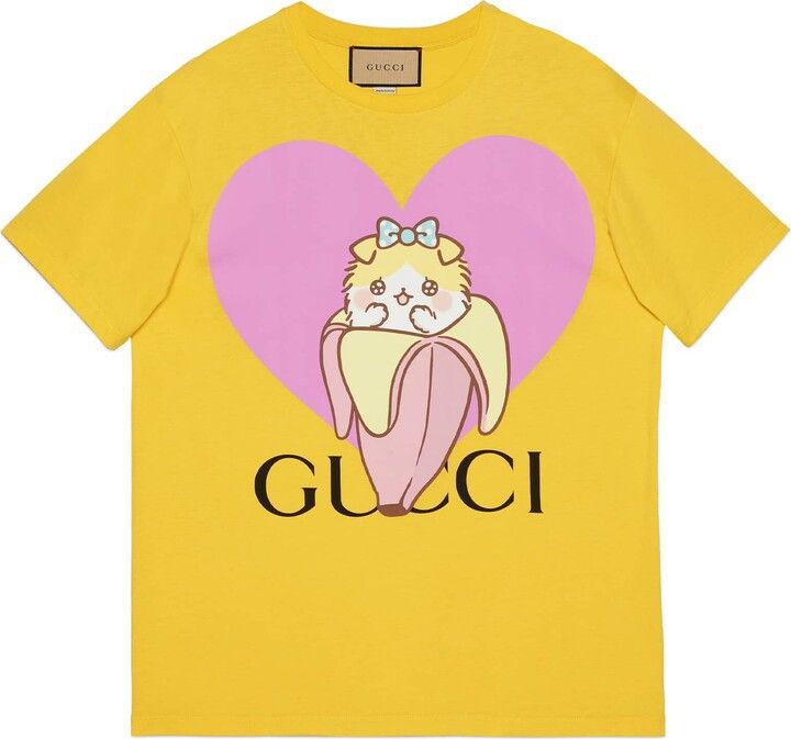 image of Gucci And Heart Bananya Print Cotton T-Shirt Size Xs in Yellow, Women's