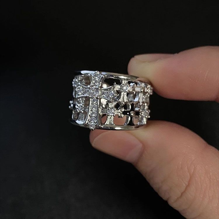 Other Dark Gothic Cross Zircon Ring – Punk Hollow Wide-Band Size ONE SIZE - 3 Thumbnail