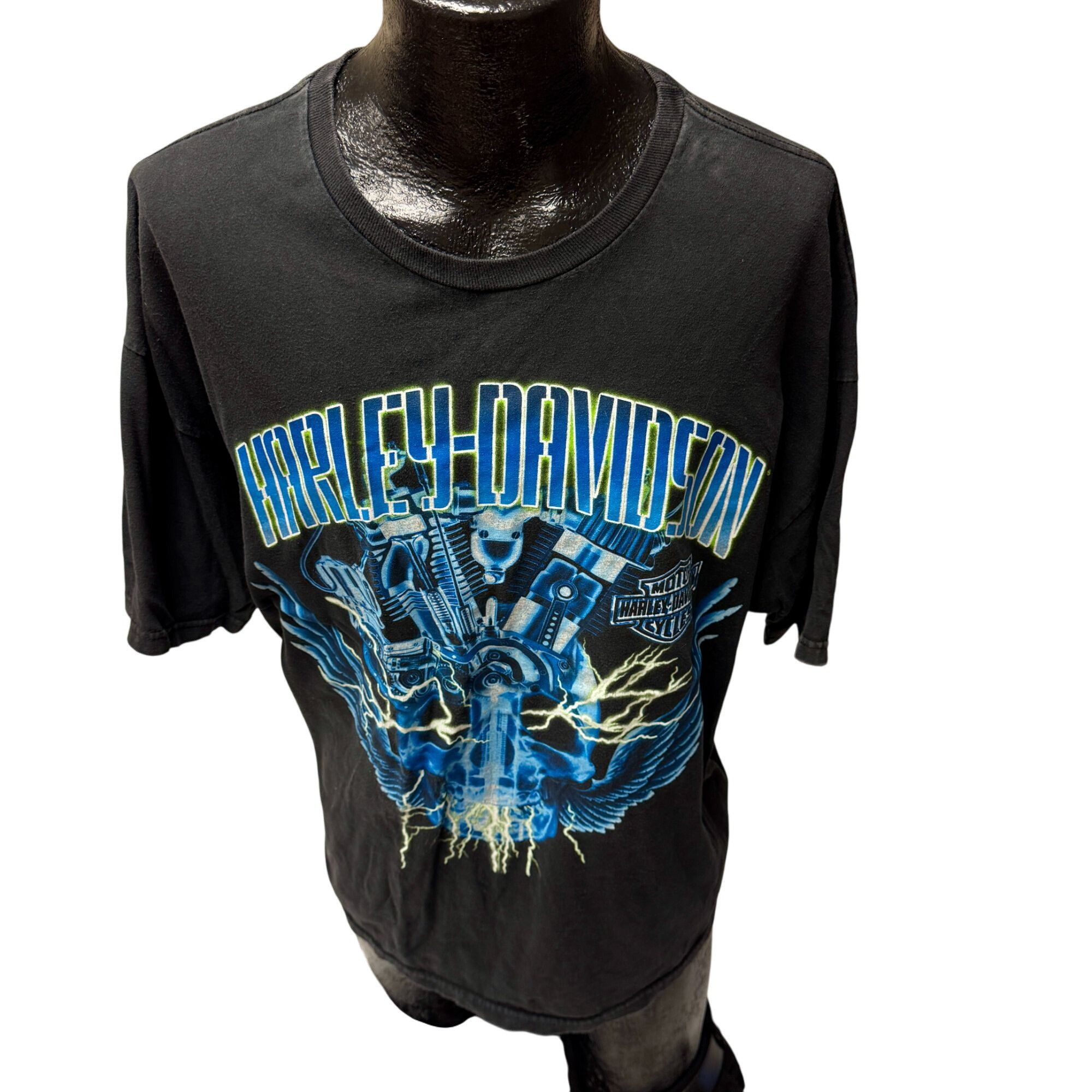 Harley Davidson H-D ELECTRIC BLUE Motorcycle SKULL w/Wings Jamaica Biker Tee Size US XXL / EU 58 / 5 - 2 Thumbnail