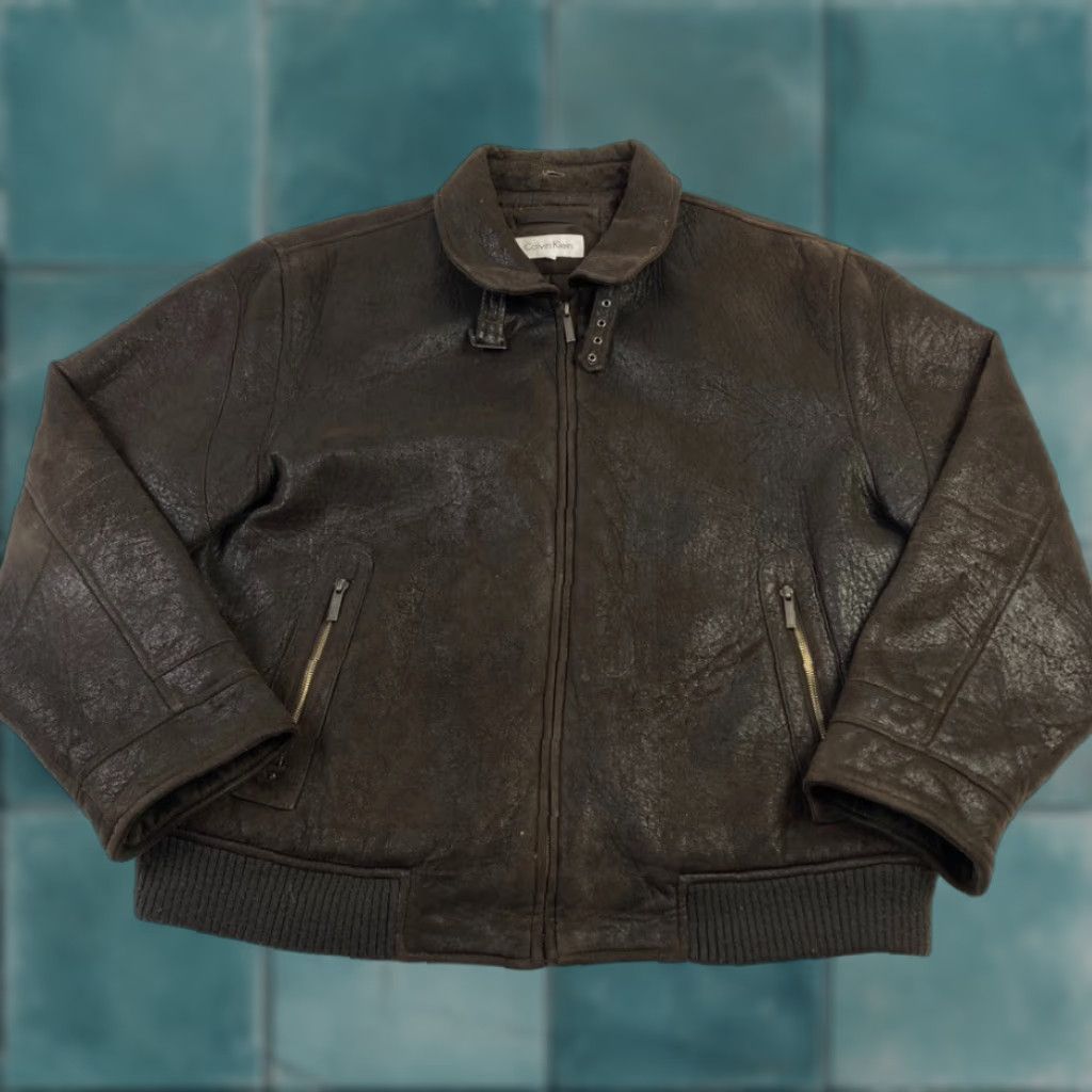 Calvin Klein Calvin Klein Mens XL Brown Faux Leather Bomber Jacket Full Zip Lined Mid-Length Size US XL / EU 56 / 4 - 1 Thumbnail
