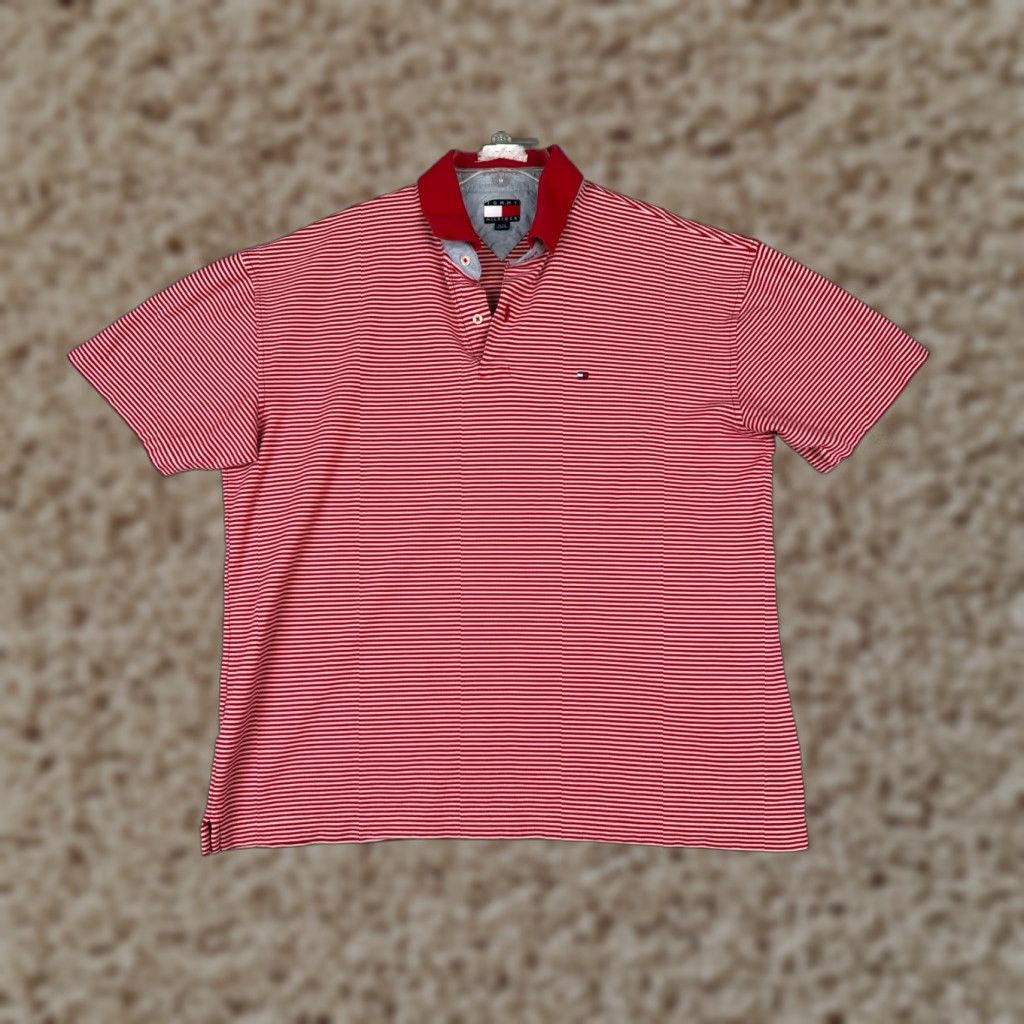 Tommy Hilfiger Tommy Hilfiger Polo Shirt Men XL Red Stripe 100% Cotton Knit Slim Short Sleeve Button Embroidered Logo Classic Golf Rugby Shirt Size US XL / EU 56 / 4 - 1 Thumbnail