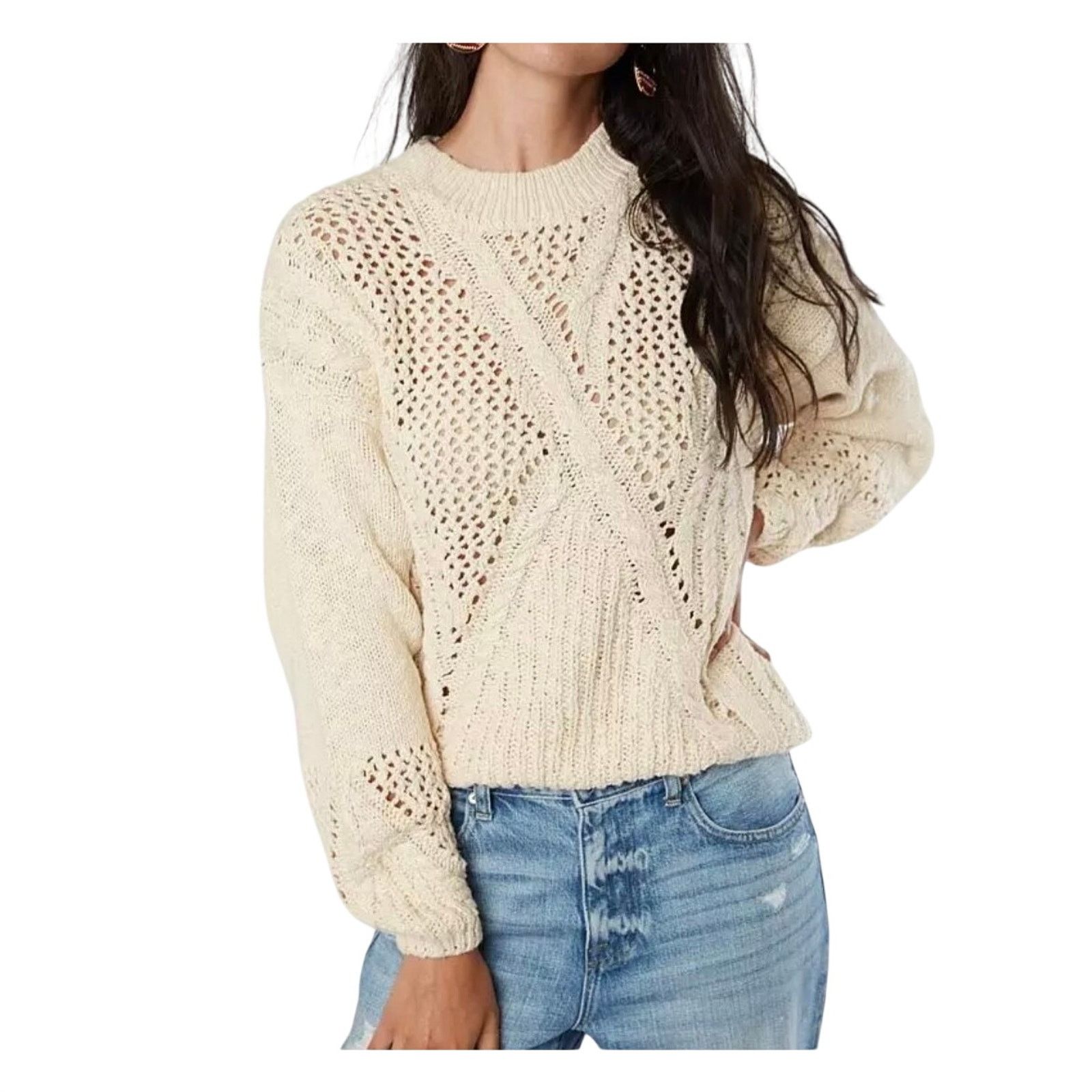 Miss Me Open Weave Cable Knit Crewneck Sweater Preppy Fisherman Size M / US 6-8 / IT 42-44 - 3 Thumbnail