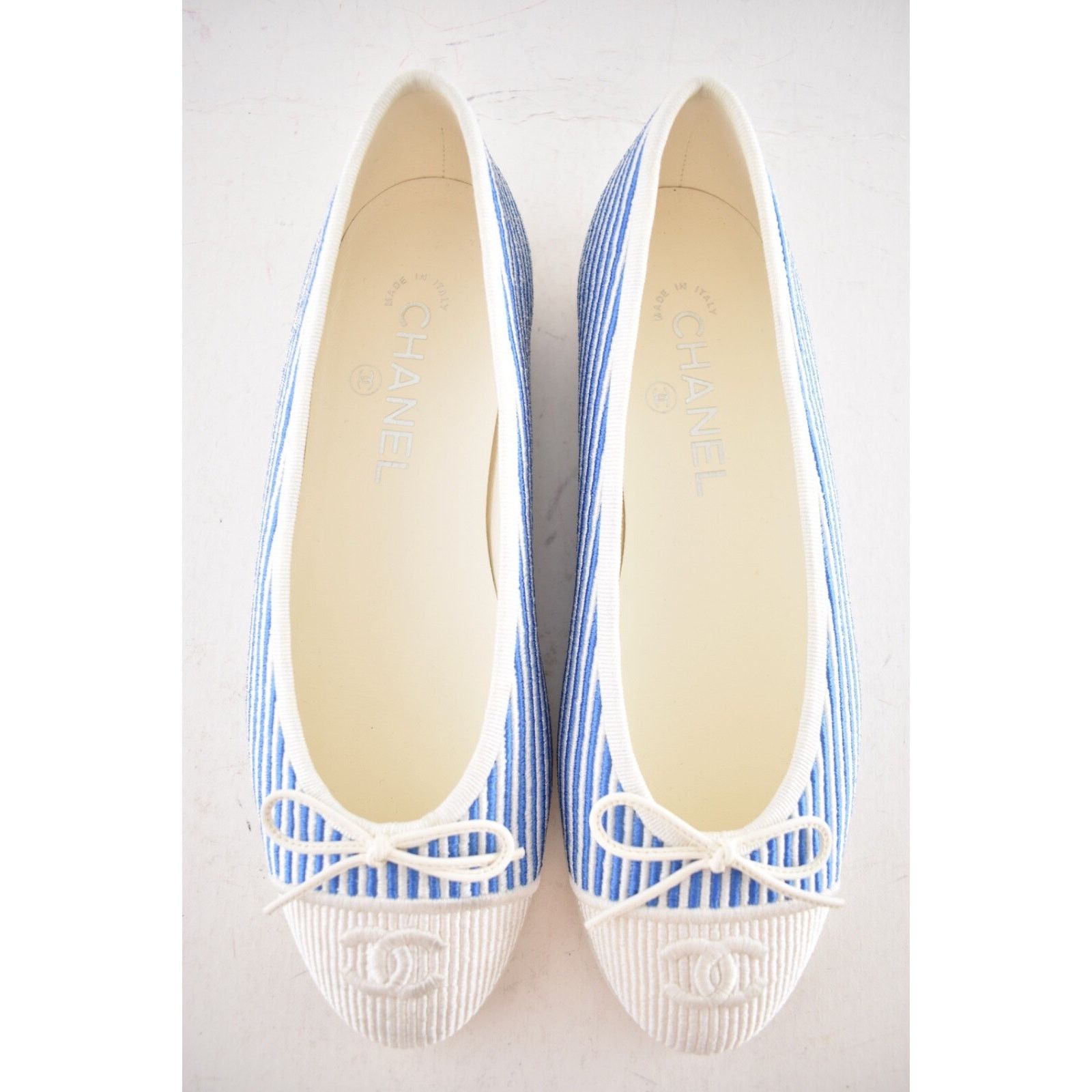 Chanel Chanel 24S Blue White Pinstripe Stripe CC Logo Bow Ballet Size US 7.5 / IT 37.5 - 11 Thumbnail