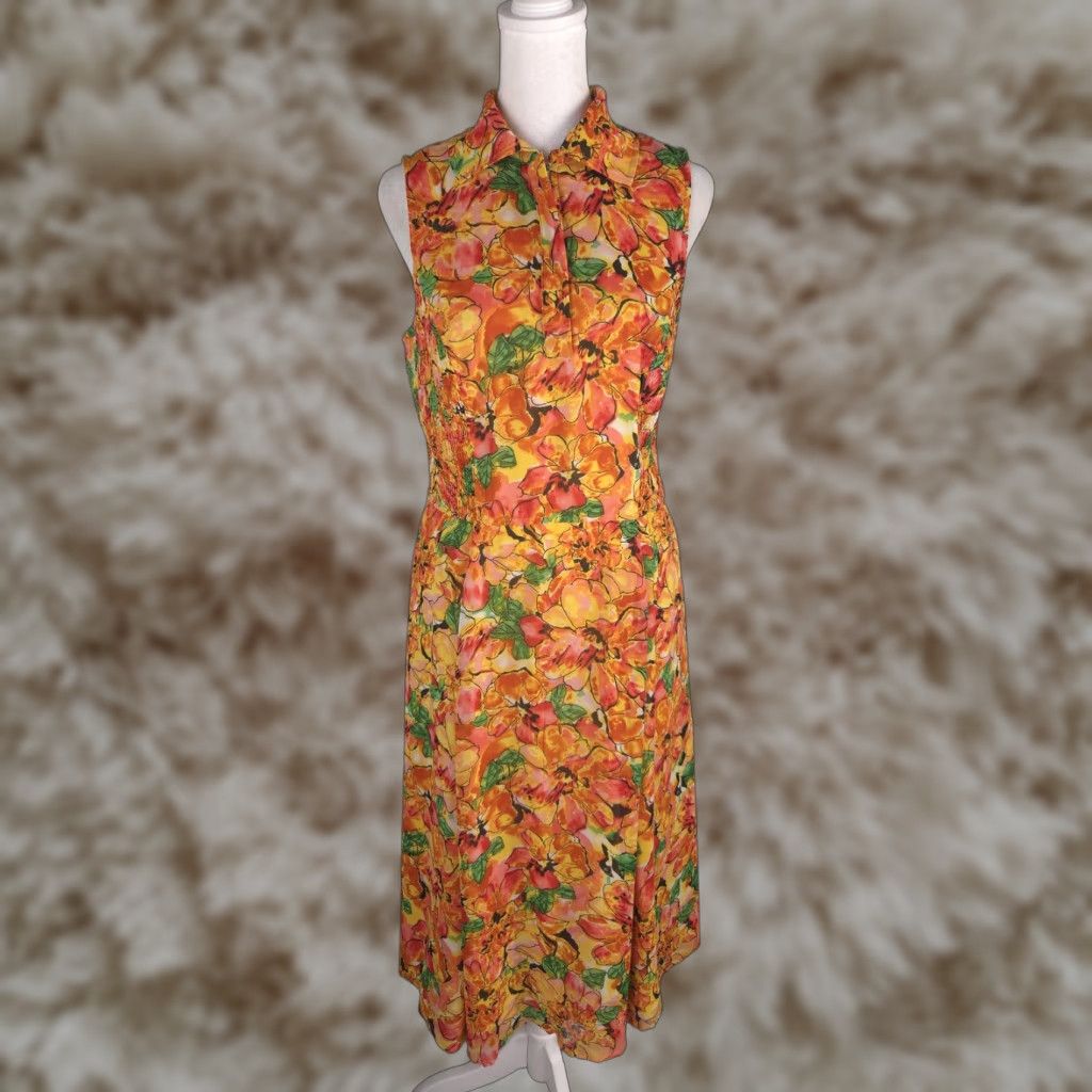 eShakti Dress Women Large L Orange Floral Sleeveless Smocked Collared Zip Front Dresses Shirt Dress Womens
